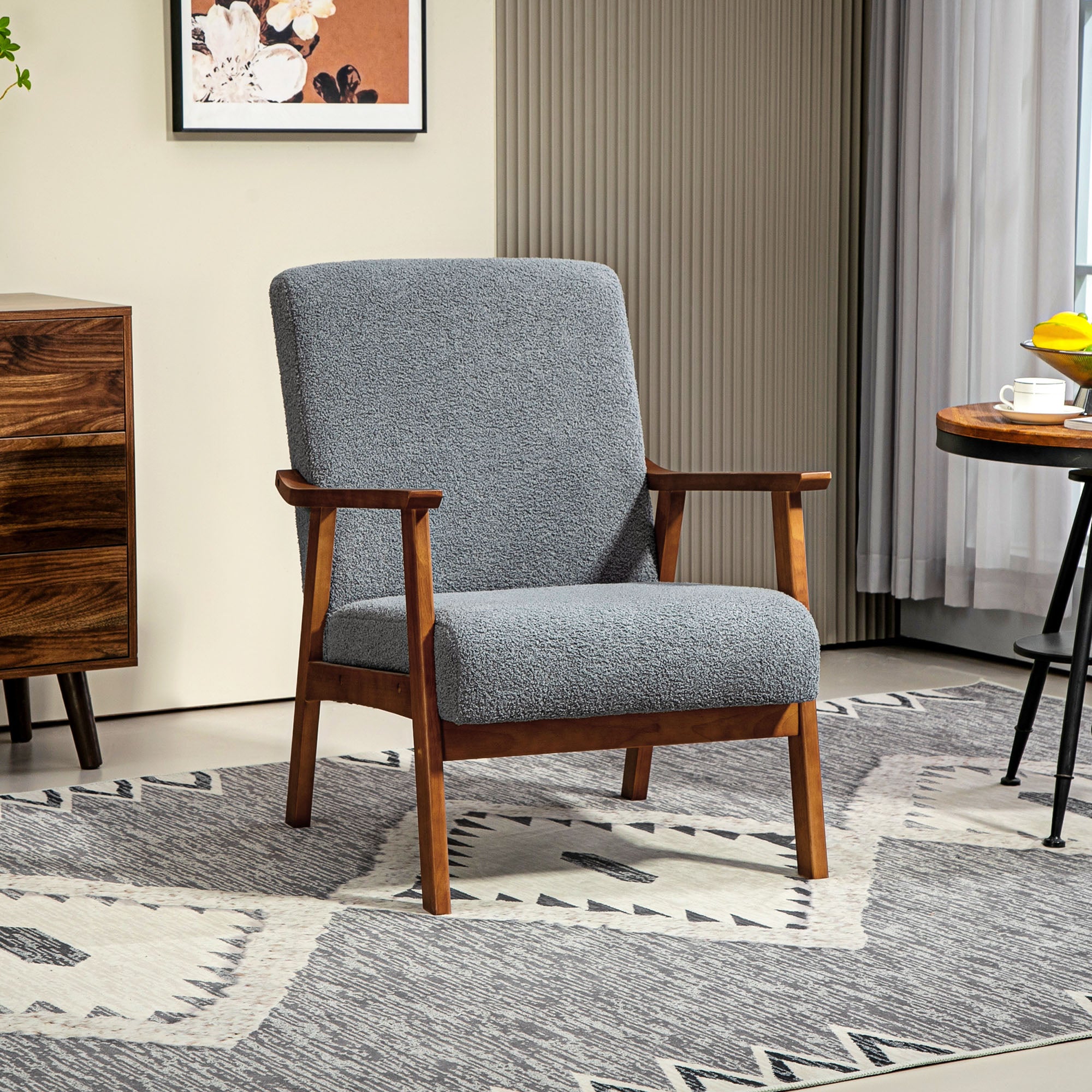 HOMCOM Accent Chair with Wide Seat, Boucle Armchair, Modern Living Room Chair with Solid Wood Frame and Thick Padding for Bedroom, Grey