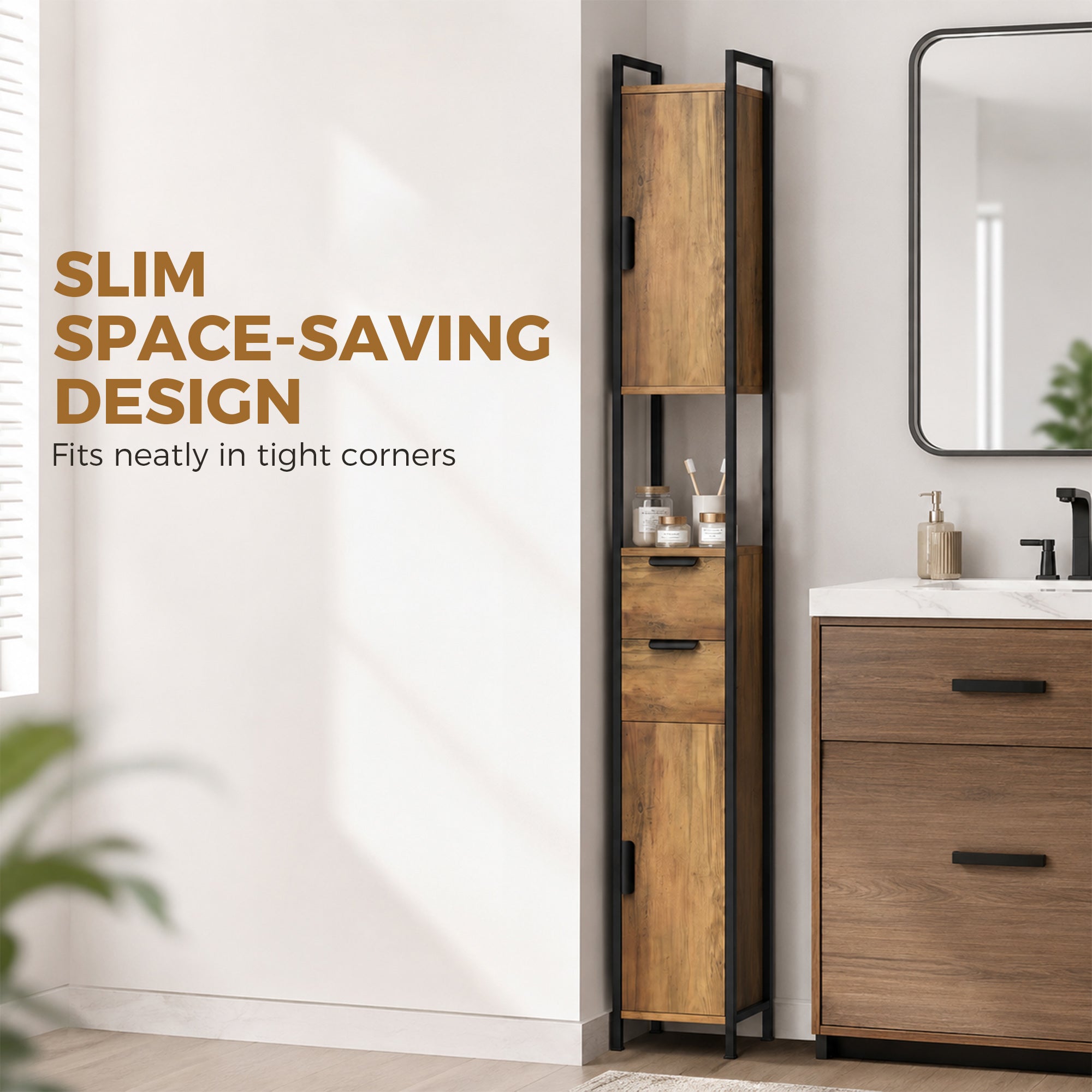 Tall Bathroom Storage Cabinet, Freestanding Bathroom Cabinet with Drawers and Adjustable Shelves, Linen Storage for Study, Bedroom, Brown