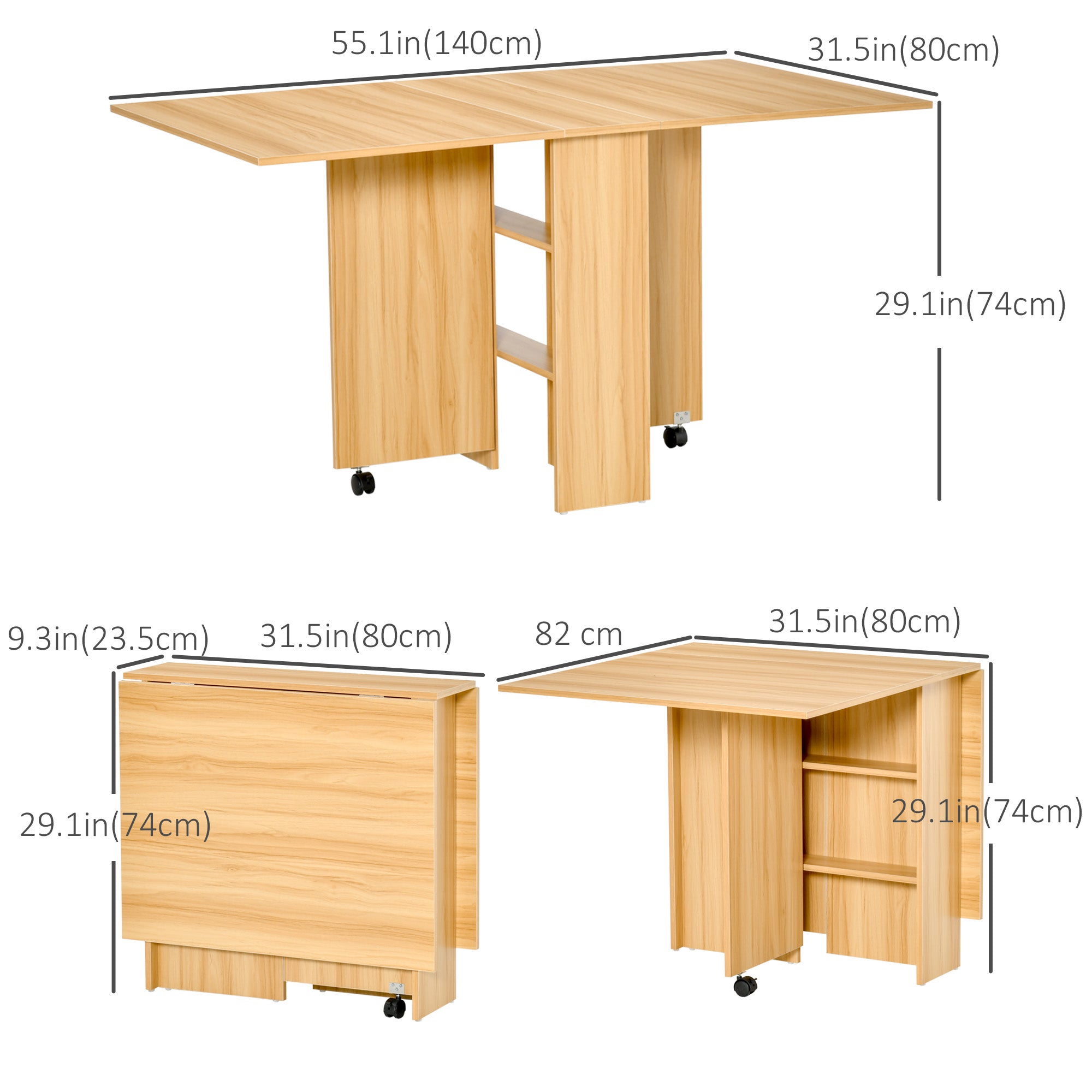 HOMCOM Folding Dining Table, 55" Drop Leaf Table for Small Spaces, Foldable Table with Storage Shelves for Kitchen, Dining Room, Teak