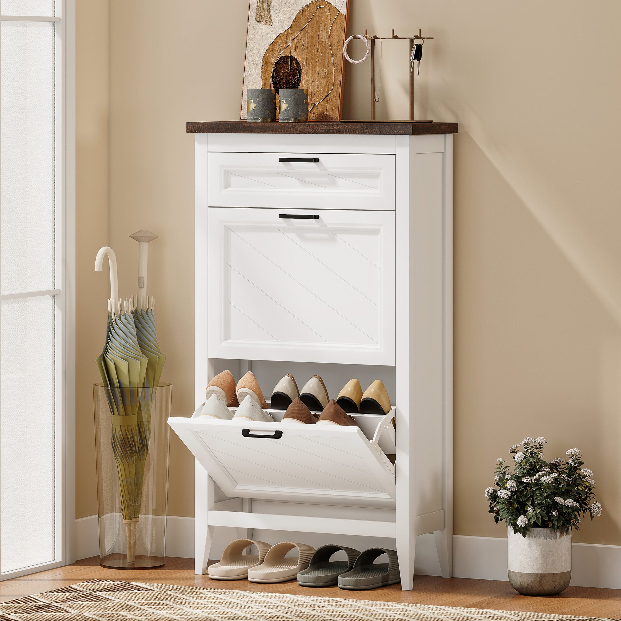 Shoe Cabinet with 2 Flip Drawers, Farmhouse Narrow Shoe Storage Cabinet with Adjustable Shelves, Storage Drawer, Freestanding for Entryway, Hallway, Living Room, Holds 8-12 Pairs, White