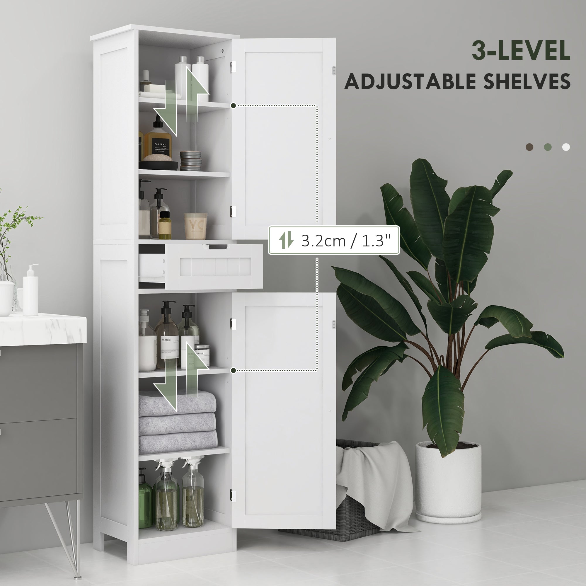 HOMCOM Tall Bathroom Storage Cabinet, Narrow Bathroom Cabinet with Doors, Drawer and Adjustable Shelves, Freestanding Linen Cabinet, White