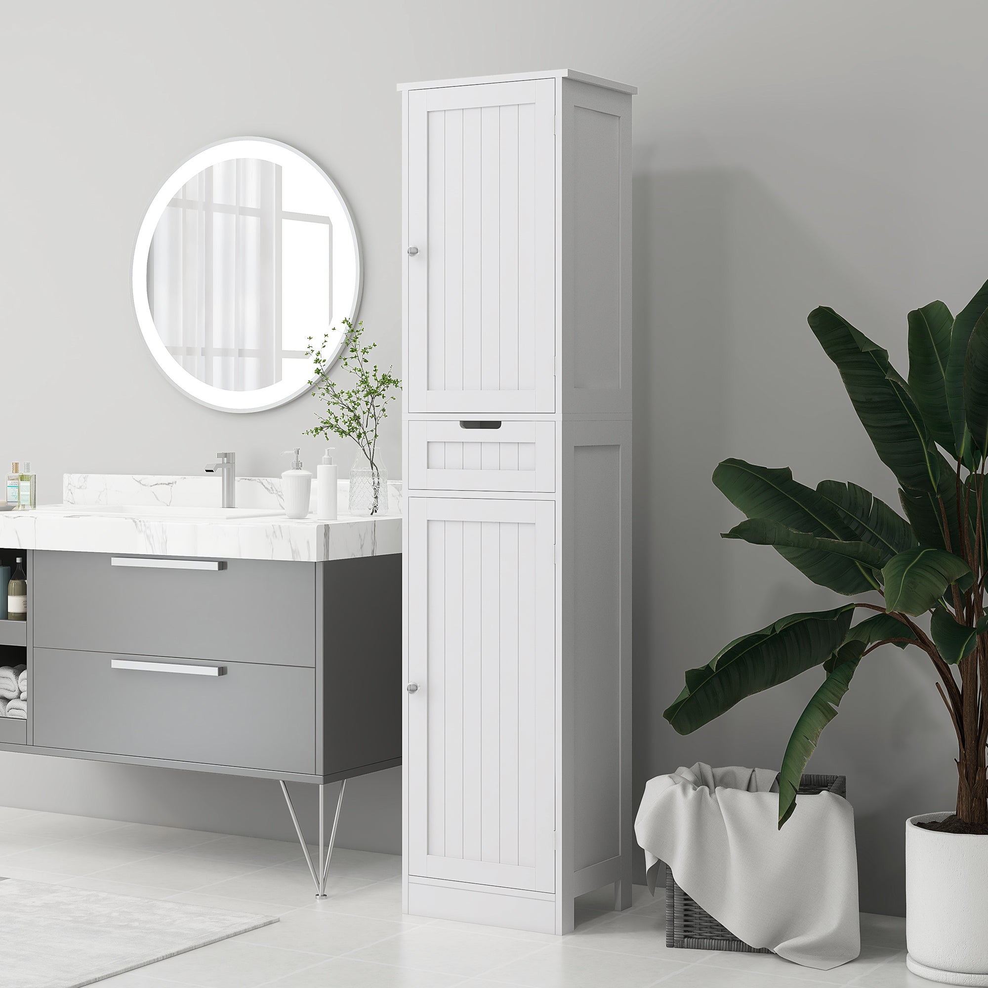 HOMCOM Tall Bathroom Storage Cabinet, Narrow Bathroom Cabinet with Doors, Drawer and Adjustable Shelves, Freestanding Linen Cabinet, White