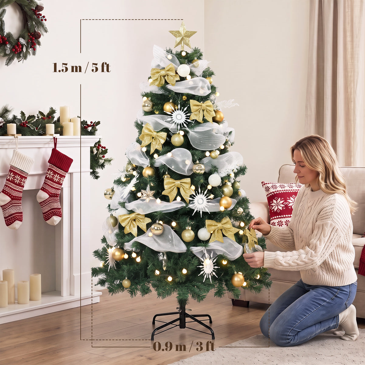 5ft Pre-Lit Christmas Tree with 150 LED Lights, Artificial Xmas Tree with 8 Lighting Modes, 450 Tips, Balls, Ribbons, Bows, Remote, Foldable Metal Stand, Green