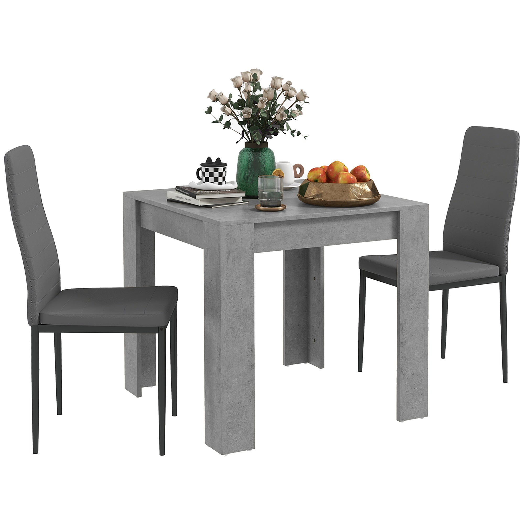 HOMCOM Dining Table Set for 2, 3 Piece Kitchen Table and Chairs with Steel Legs and High Back, Space-Saving Square Table and Upholstered Chairs for Small Spaces, Grey