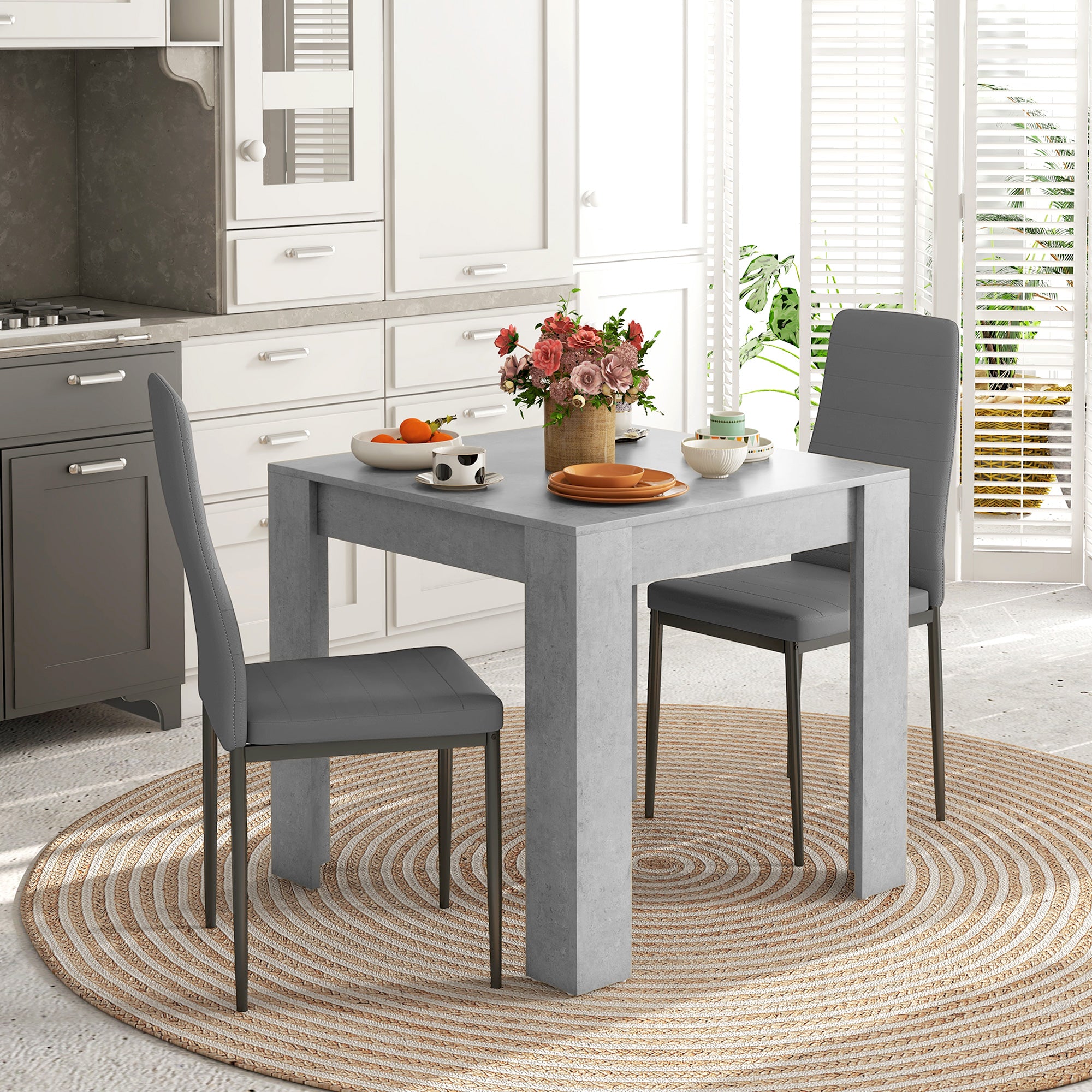HOMCOM Dining Table Set for 2, 3 Piece Kitchen Table and Chairs with Steel Legs and High Back, Space-Saving Square Table and Upholstered Chairs for Small Spaces, Grey