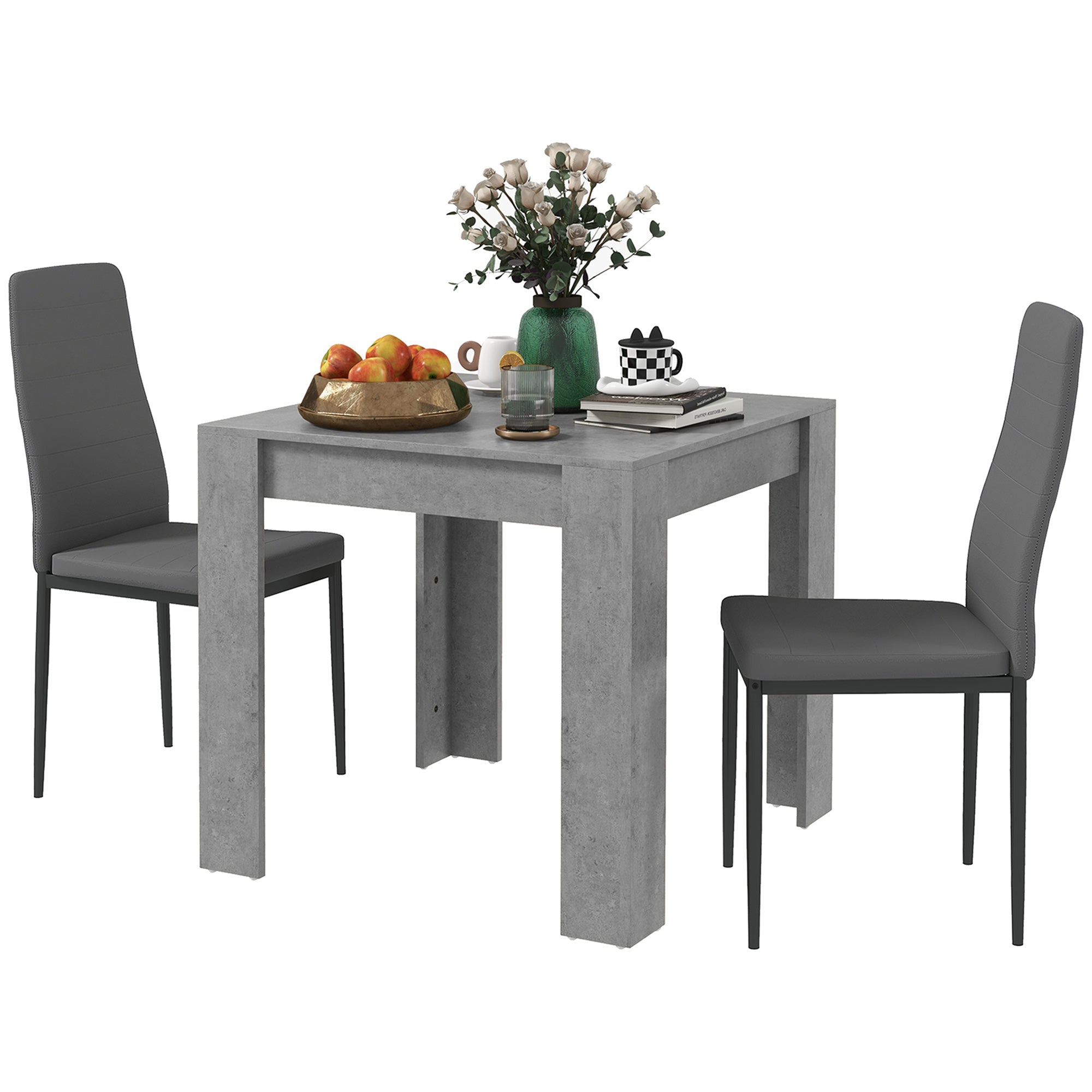 HOMCOM Dining Table Set for 2, 3 Piece Kitchen Table and Chairs with Steel Legs and High Back, Space-Saving Square Table and Upholstered Chairs for Small Spaces, Grey