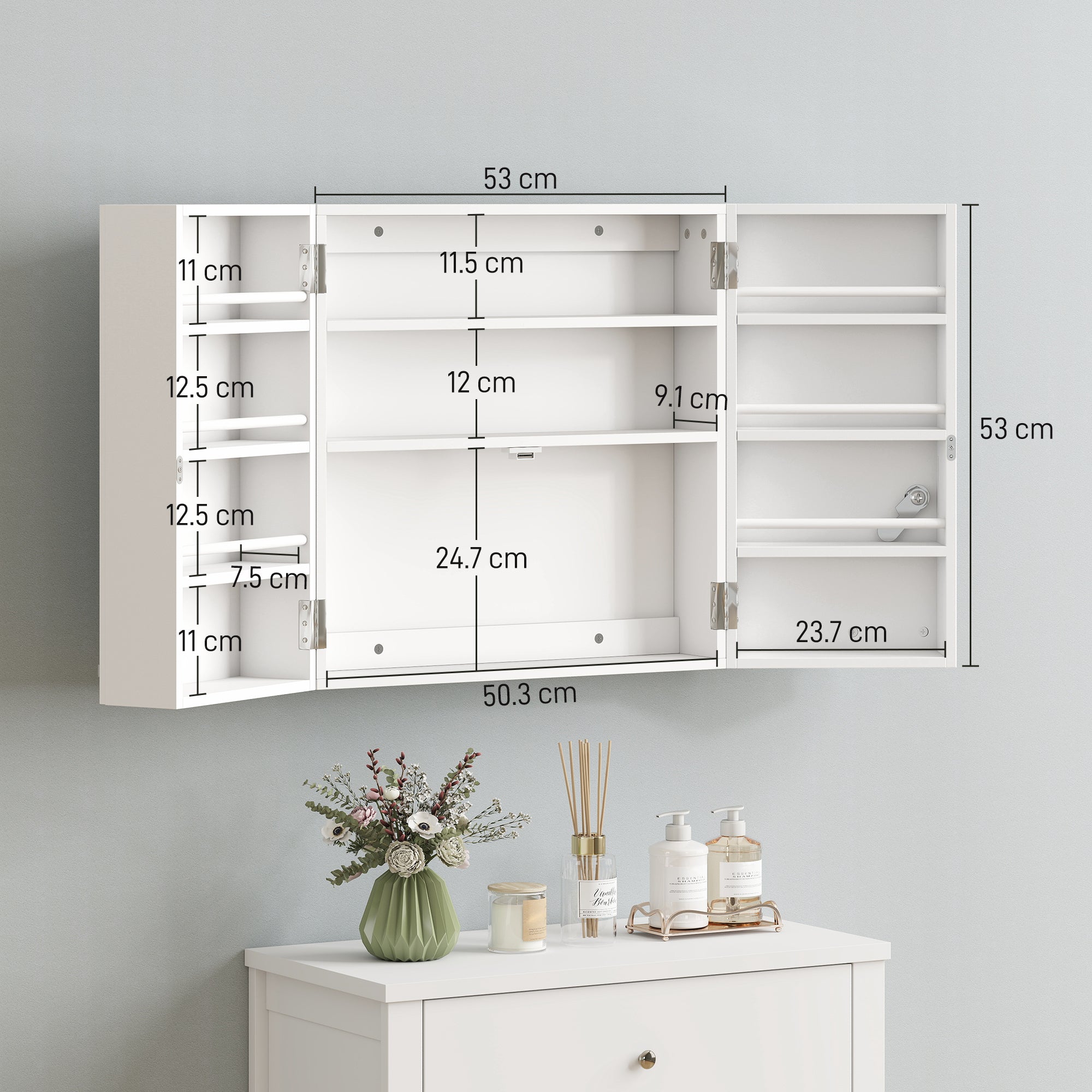 Wall Mount Medicine Cabinet with Key Lock, 3 Tier First Aid Cabinet with 2 Doors and 11 Storage Compartments, Medical Organiser for Bathroom, Home Office, 53 x 20 x 53 cm, White