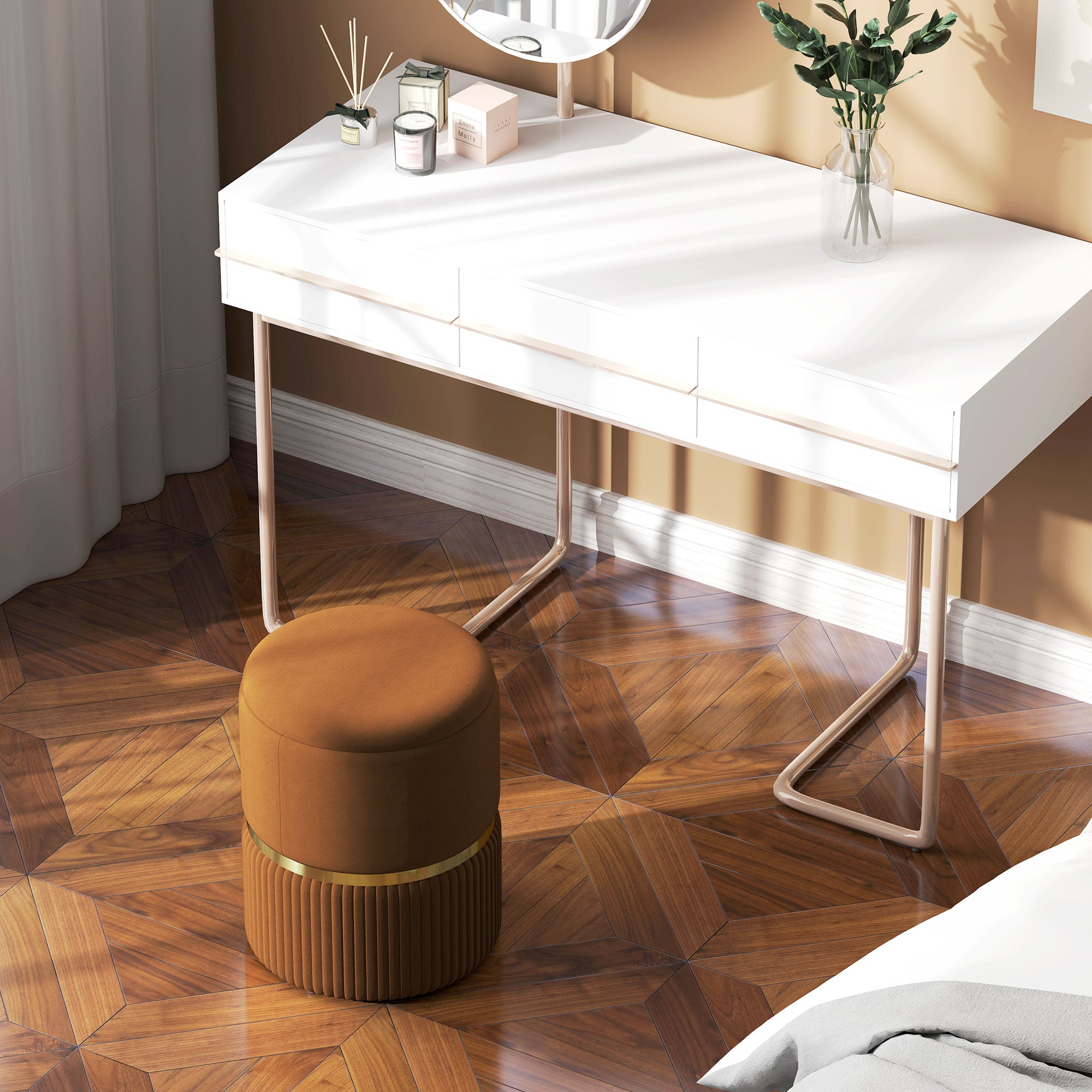 HOMCOM Round Pouffe, Velvet-feel Fabric Upholstered Storage Foot Stool with Removable Top, Padded Seat and Hidden Space for Living Room, Light Brown
