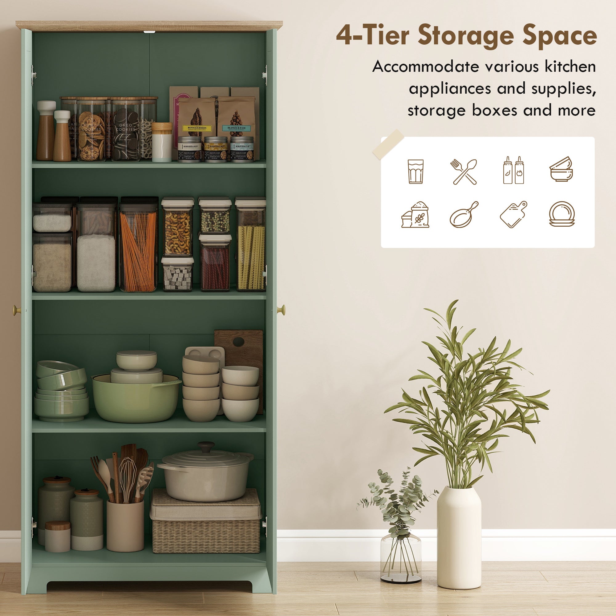 172cm Kitchen Cupboard, Freestanding Storage Cabinet with Doors and Shelves, Modern 2-Door Kitchen Pantry Cupboard for Dining Room, Light Green