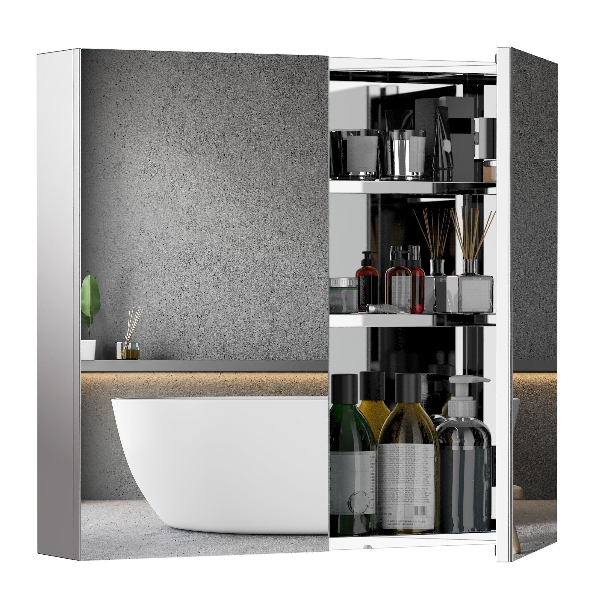 kleankin Bathroom Mirror Cabinet, 24" x 22" Stainless Steel Medicine Cabinet, Wall-Mounted Bathroom Cabinet with Double Doors, Silver