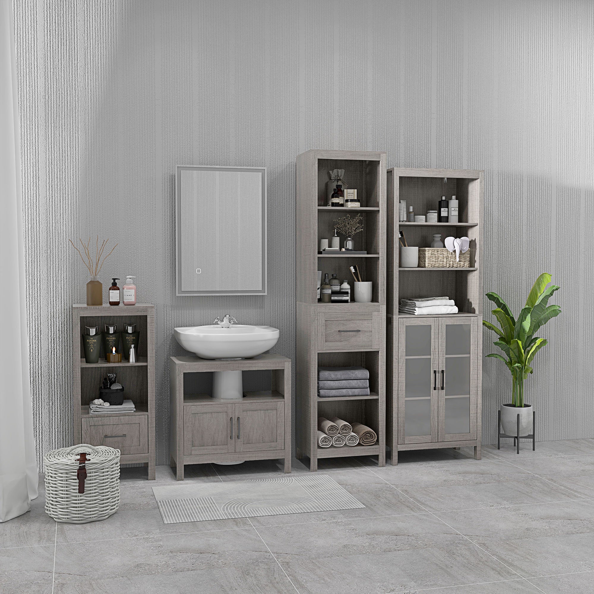 kleankin Tall Bathroom Storage Cabinet with Drawer and 5 Tier Shelf, Narrow Bathroom Cabinet Freestanding Linen Tower, Grey