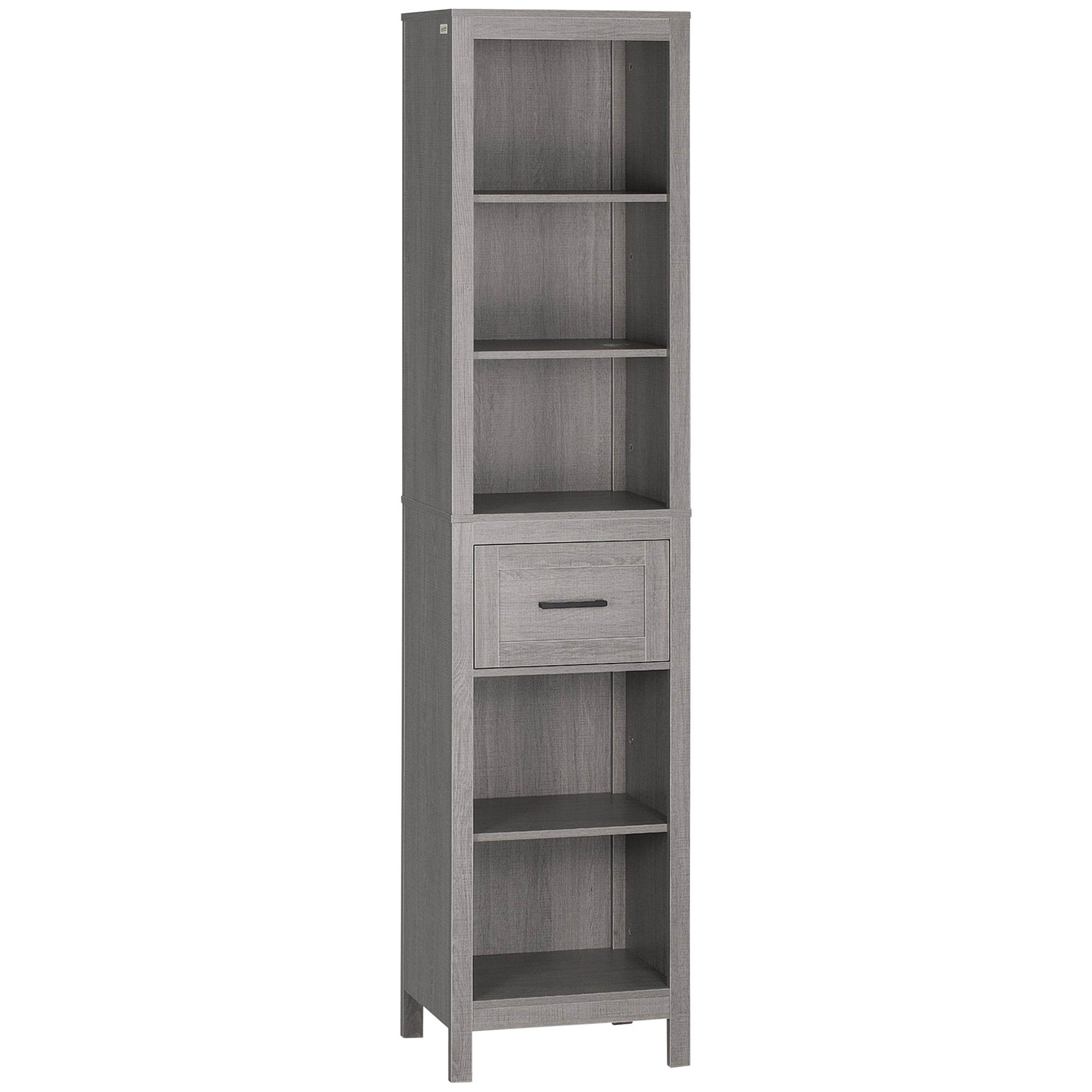 kleankin Tall Bathroom Storage Cabinet with Drawer and 5 Tier Shelf, Narrow Bathroom Cabinet Freestanding Linen Tower, Grey