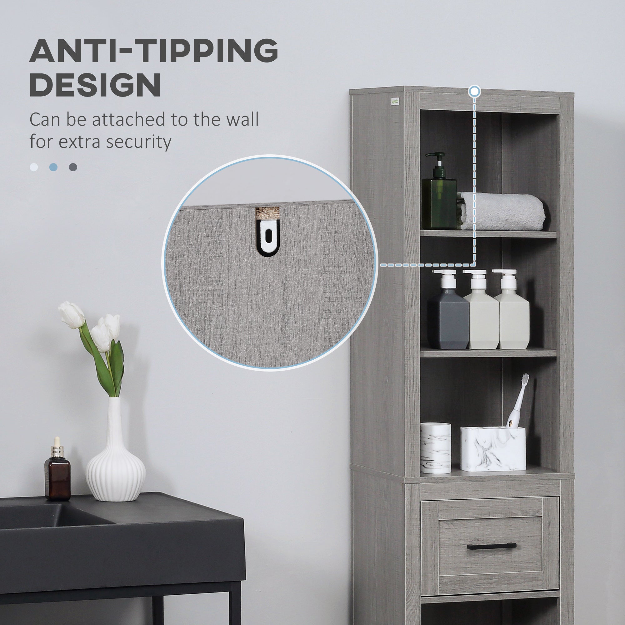 kleankin Tall Bathroom Storage Cabinet with Drawer and 5 Tier Shelf, Narrow Bathroom Cabinet Freestanding Linen Tower, Grey