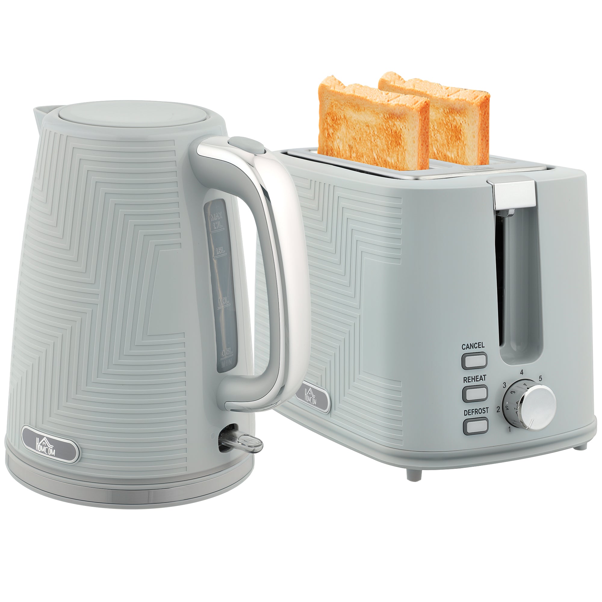 Kettle and Toaster Set, 1.7L 3000W Rapid Boil Jug Kettle with Otter Thermostat, Limescale Filter, 2 Slice Toaster with 7 Browning Controls, Crumb Tray, Grey