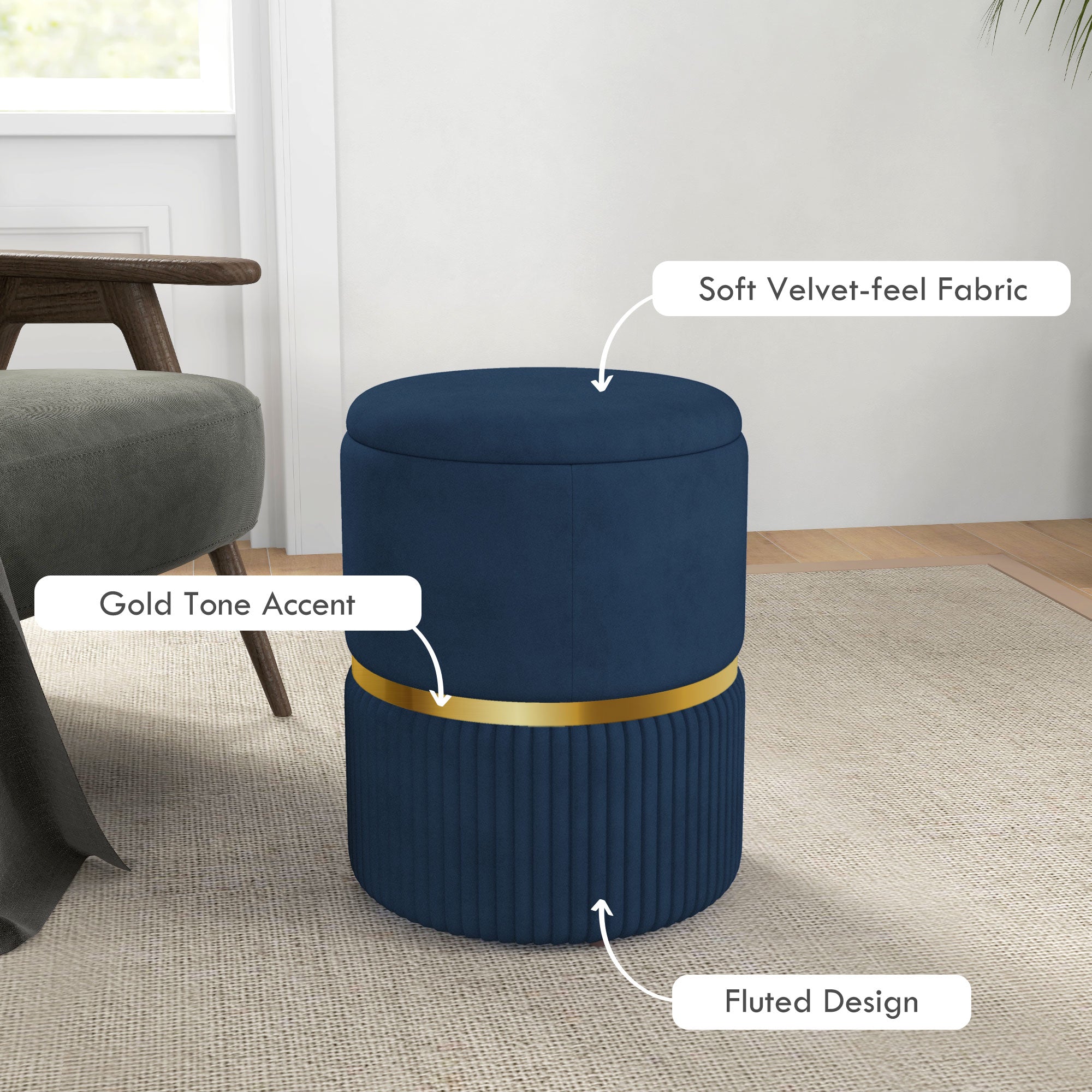 HOMCOM Round Pouffe, Velvet-feel Fabric Upholstered Storage Foot Stool with Removable Top, Padded Seat and Hidden Space for Living Room, Dark Blue