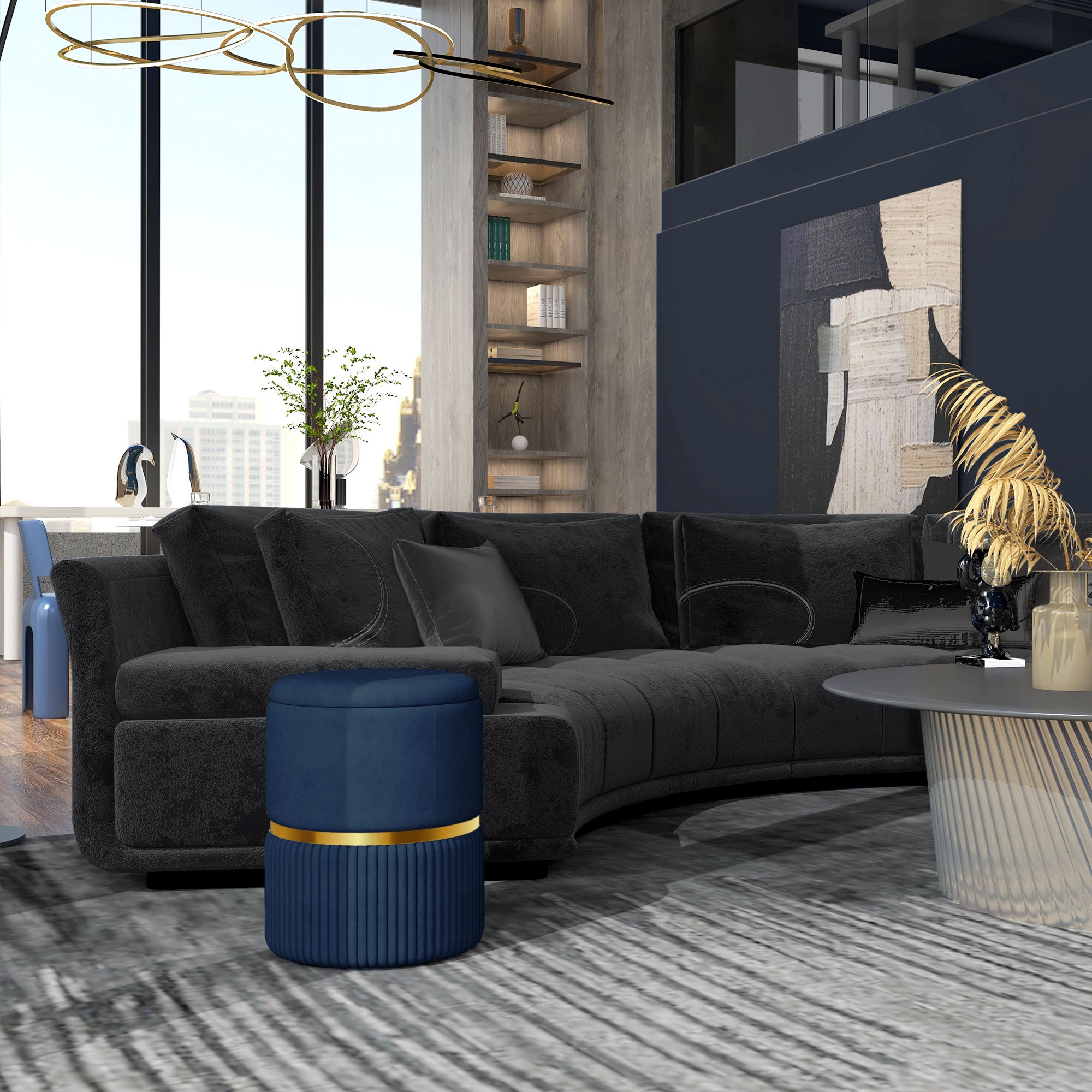 HOMCOM Round Pouffe, Velvet-feel Fabric Upholstered Storage Foot Stool with Removable Top, Padded Seat and Hidden Space for Living Room, Dark Blue