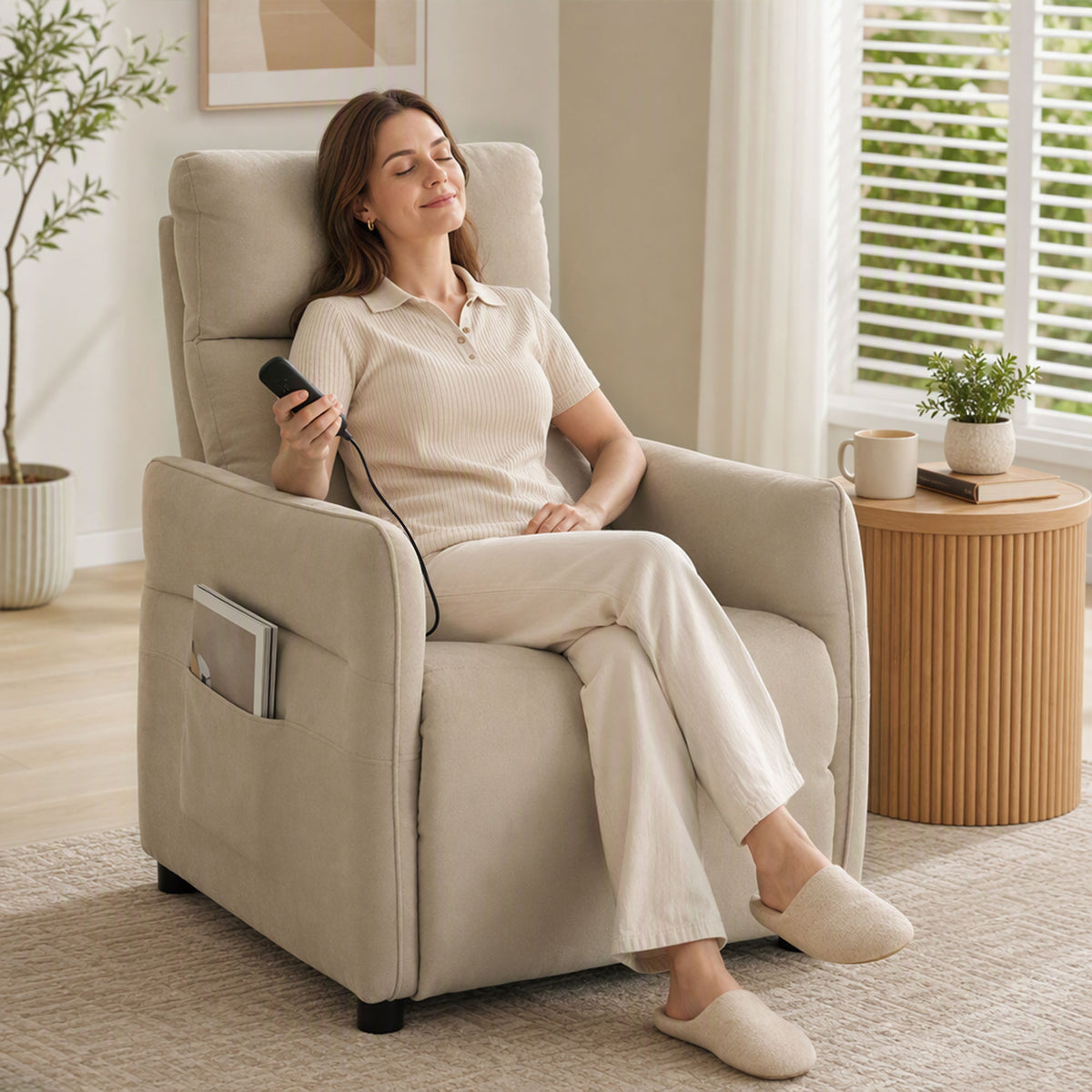 Recliner Armchair, Push Back Recliner Chair w/ Massage & Heat, Adjustable Armrests, Spring Seat, Terry Cloth Manual Reclining Single Sofa w/ Footrest, Side Pockets for Home Living Room, Beige