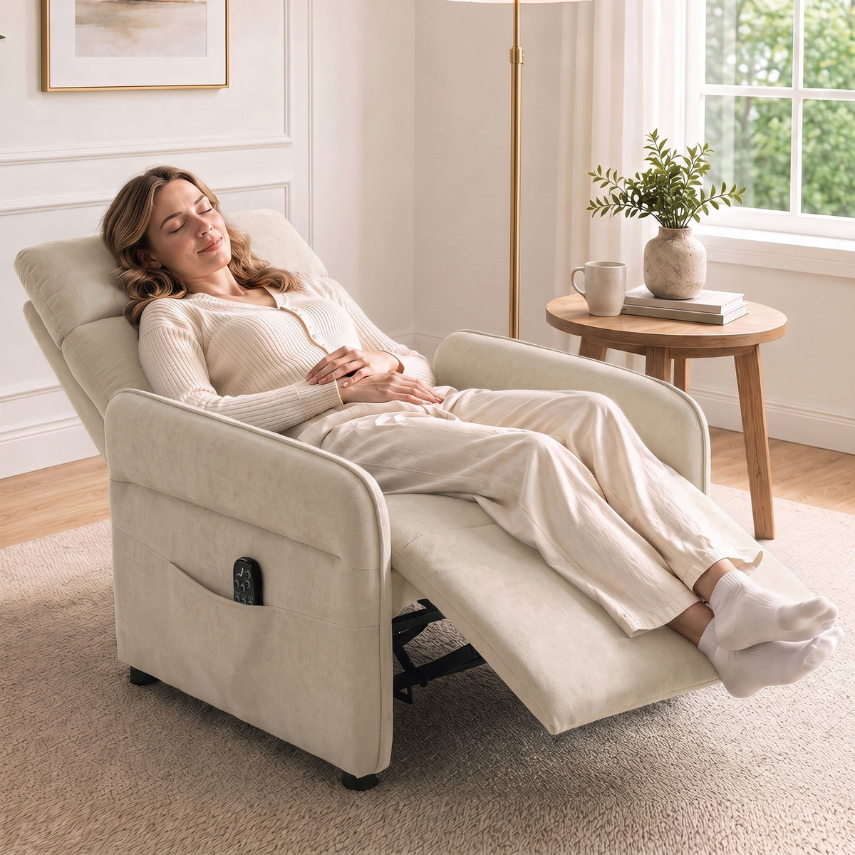 Recliner Armchair, Push Back Recliner Chair w/ Massage & Heat, Adjustable Armrests, Spring Seat, Terry Cloth Manual Reclining Single Sofa w/ Footrest, Side Pockets for Home Living Room, Beige