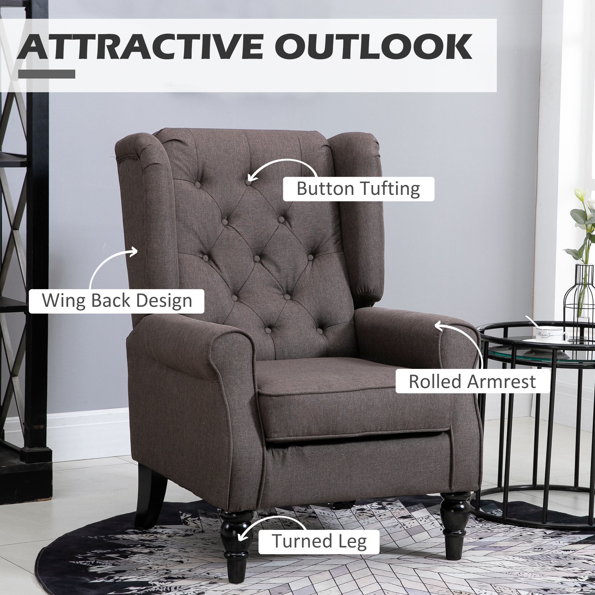 Wingback Accent Chair for Living Room, Button-Tufted Lounge Chair with Round Armrests and Wood Legs, Dark Brown