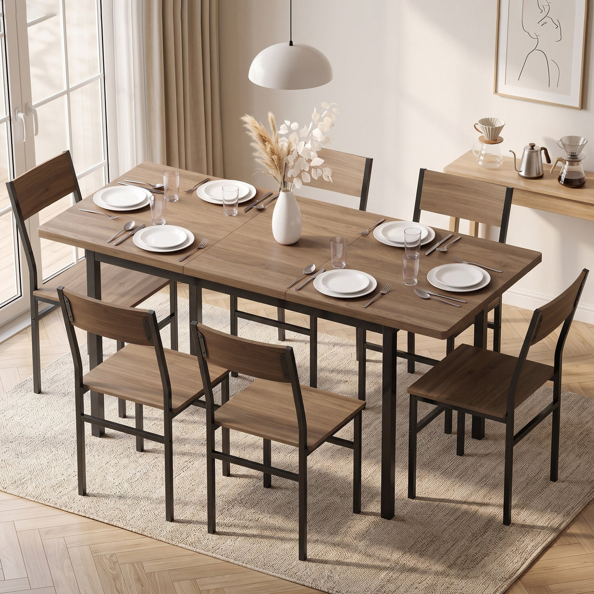 7-Piece Industrial Dining Table Set for 4-6, 47"-63" Extendable Kitchen Table with 6 Stackable Chairs, Metal Frame, Space Saving, Dining Room, Home Office, Brown Wood Grain
