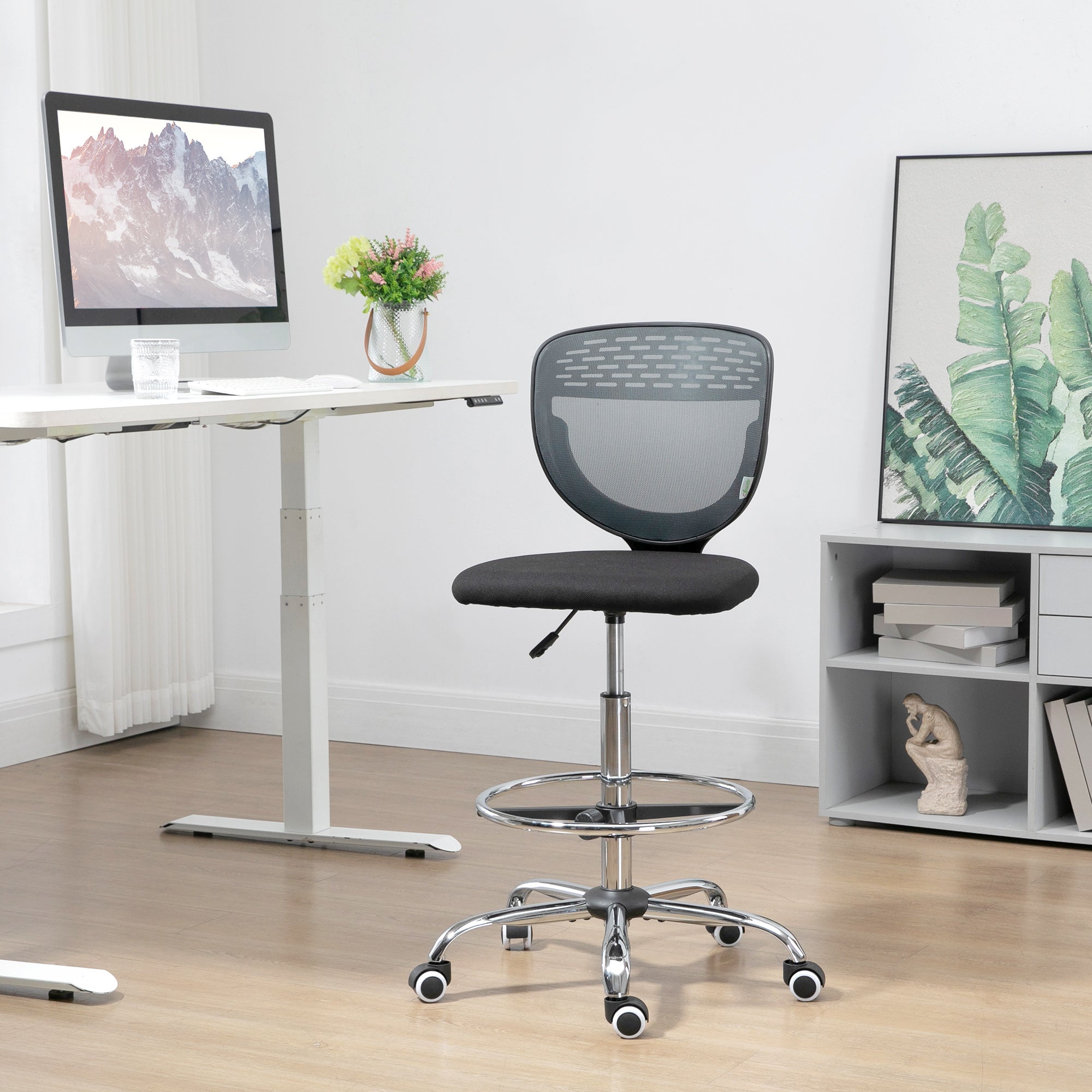 Vinsetto Drafting Chair, Swivel Office Draughtsman Chair, Mesh Standing Desk Chair with Lumbar Support, Adjustable Foot Ring, Armless, Grey
