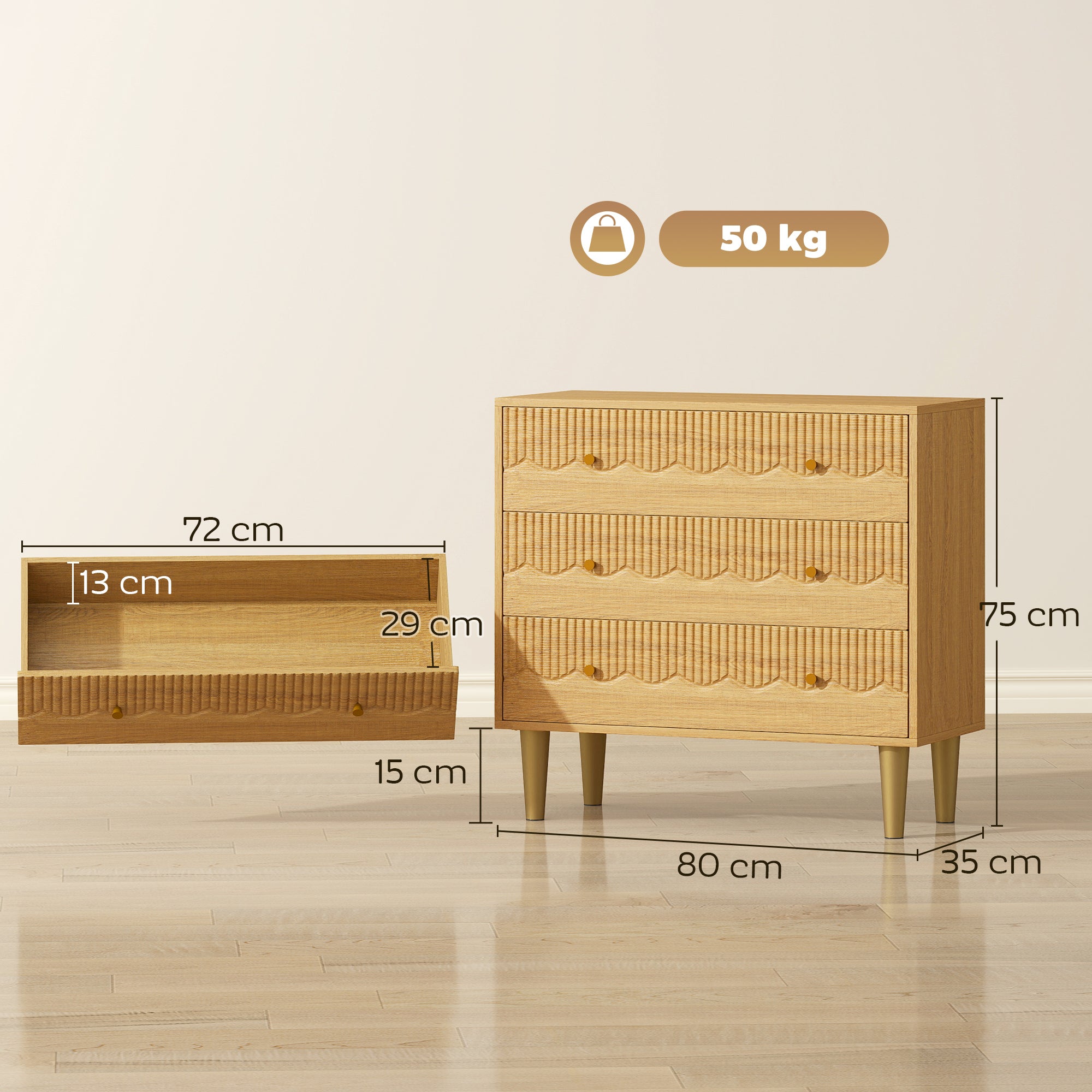 Chest of Drawers, 3 Drawer Dresser, Storage Cabinet with Steel Legs and Wooden Top for Bedroom, Living Room, Oak