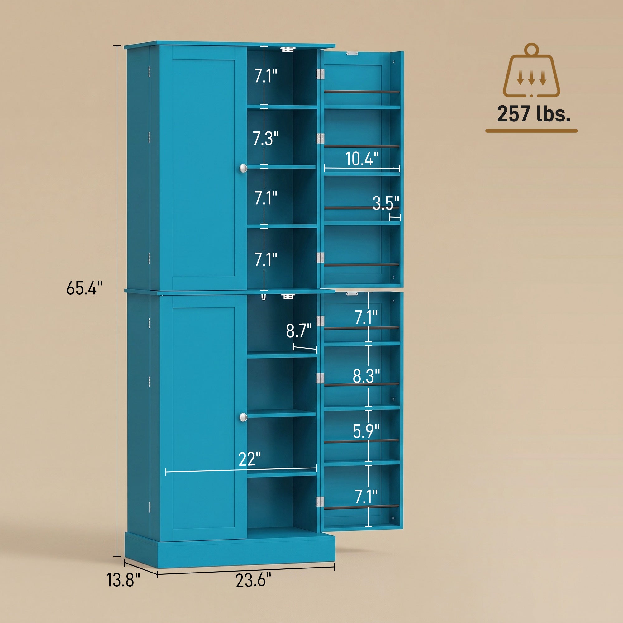 65" Kitchen Pantry Cabinet, Modern Storage Cabinet with Doors and Shelves, Freestanding Cupboard for Dining Room, Blue