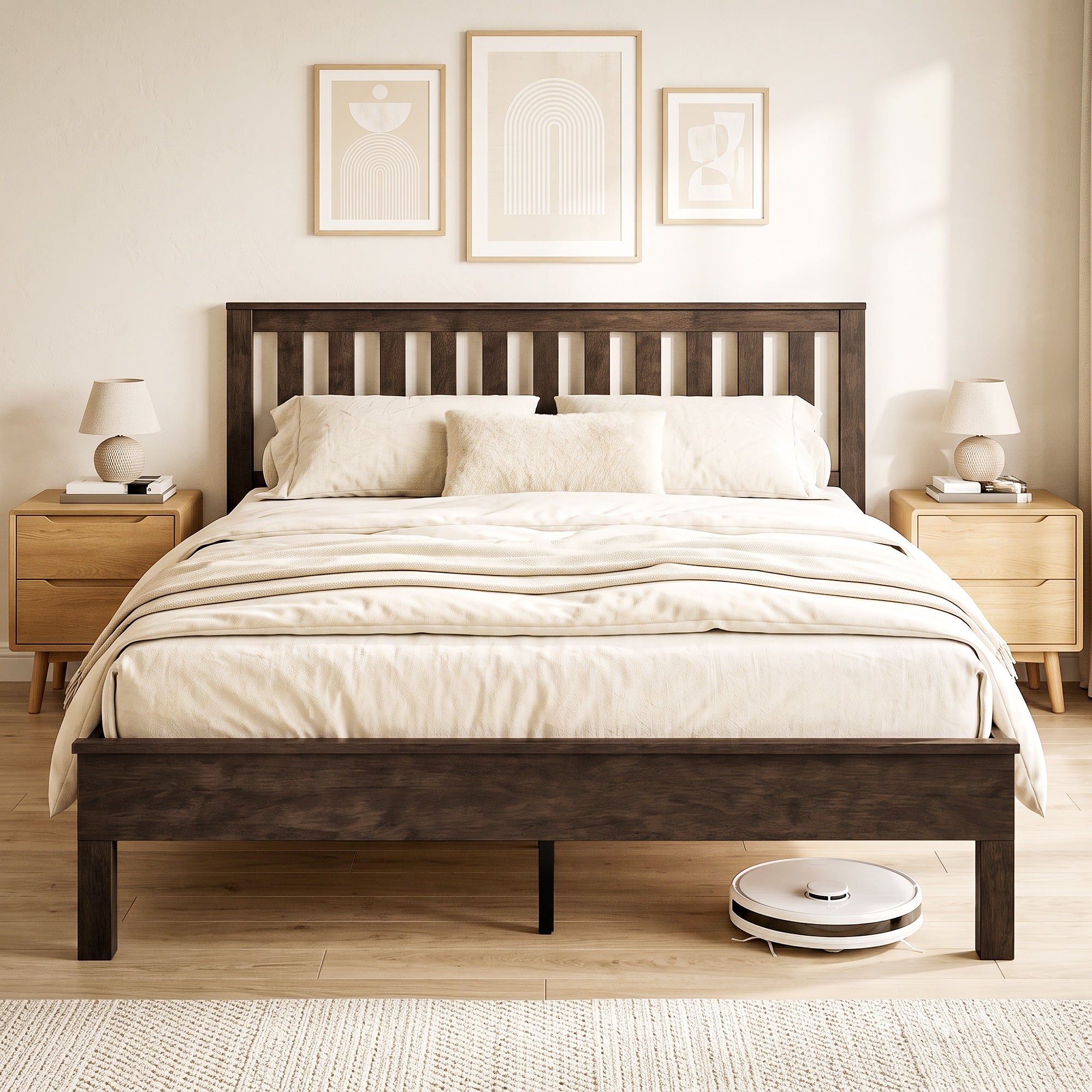 Queen Size Wood Platform Bed Frame with Headboard and Footboard, Mid-Century Bed Frame with Slat Support, Mattress Foundation with Under-Bed Storage, No Box Spring Needed, Easy Assembly, Walnut