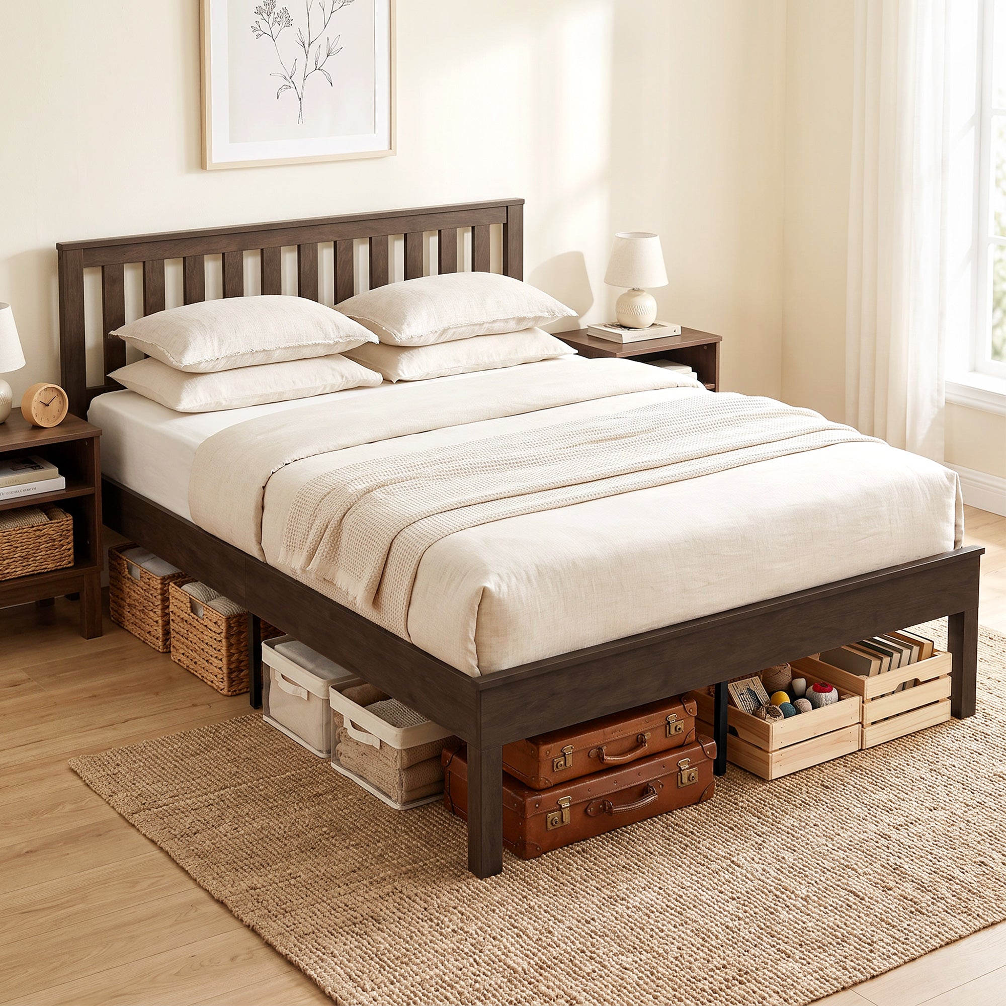 Queen Size Wood Platform Bed Frame with Headboard and Footboard, Mid-Century Bed Frame with Slat Support, Mattress Foundation with Under-Bed Storage, No Box Spring Needed, Easy Assembly, Walnut