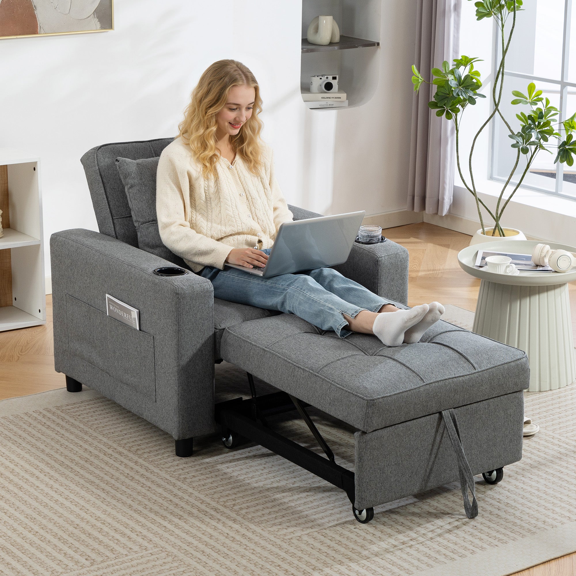 3-in-1 Single Sofa Bed, Convertible Sleeper Chair Bed with Adjustable Backrest, Fabric Pull Out Chair with Pillow, Side Pockets and Cup Holders for Living Room, Bedroom, Small Space, Dark Grey