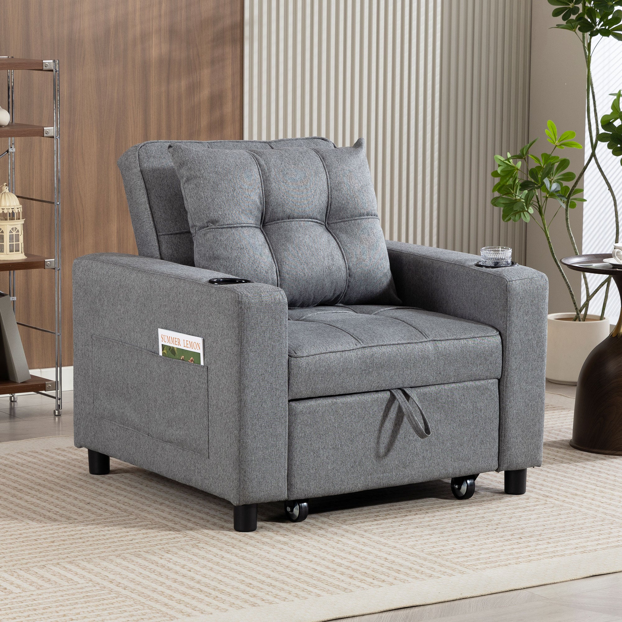 3-in-1 Single Sofa Bed, Convertible Sleeper Chair Bed with Adjustable Backrest, Fabric Pull Out Chair with Pillow, Side Pockets and Cup Holders for Living Room, Bedroom, Small Space, Dark Grey