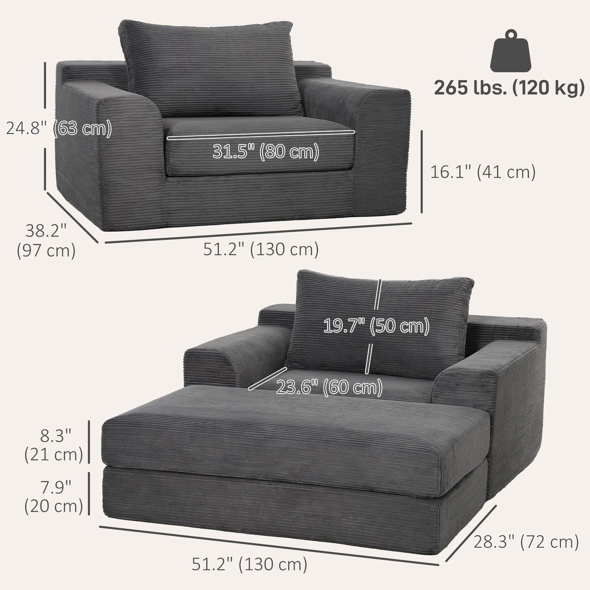 51" Chair Bed, Corduroy Upholstered Sleeper Chair with Pillow, Boneless Floor Sofa for Living Room, Bedroom, Apartment, Office, Dark Grey