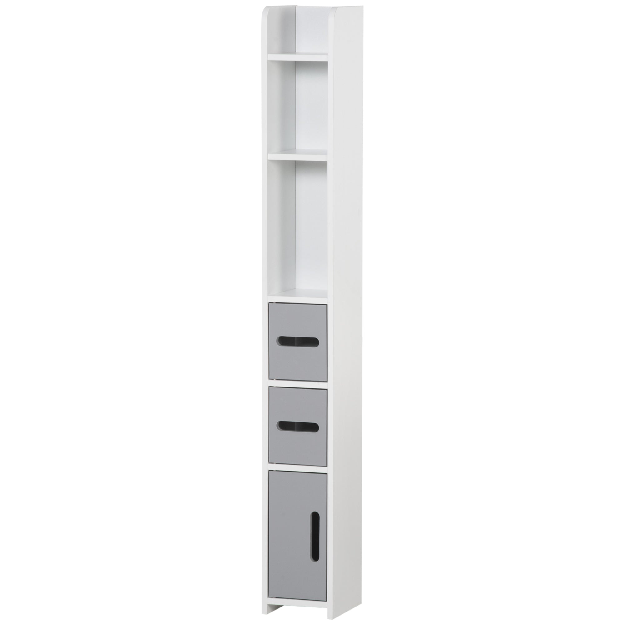 Narrow Bathroom Storage Cabinet, Freestanding Tall Bathroom Cabinet with Open Shelves and 3 Cupboards with Door for Bathroom, Grey and White