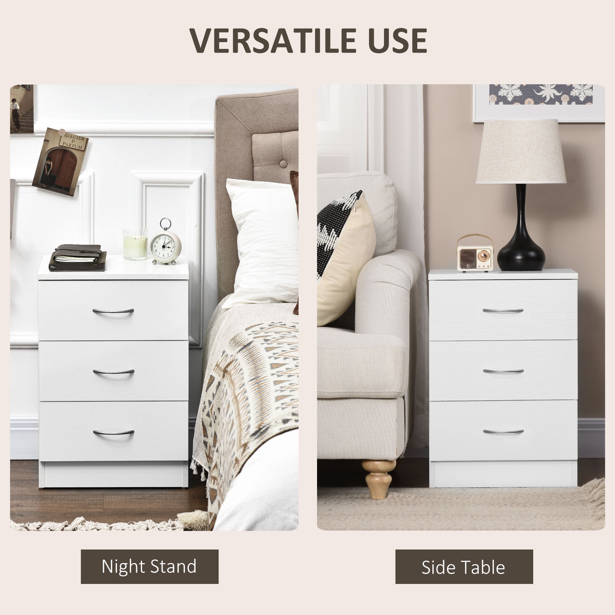 HOMCOM Bedside Table with 3 Drawers, Modern Wood Nightstand, Side Table with Anti-tipping Design for Bedroom, White