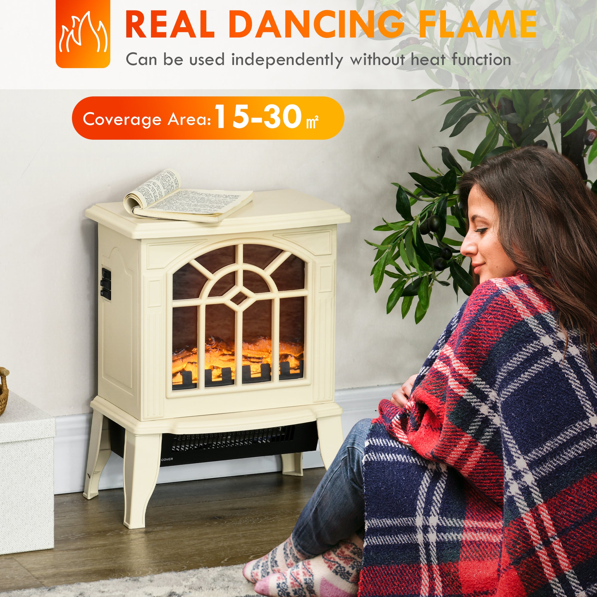 Electric Fireplace Heater, Freestanding Fireplace Stove with Realistic Flames Overheating Protection 750W/1500W, Cream