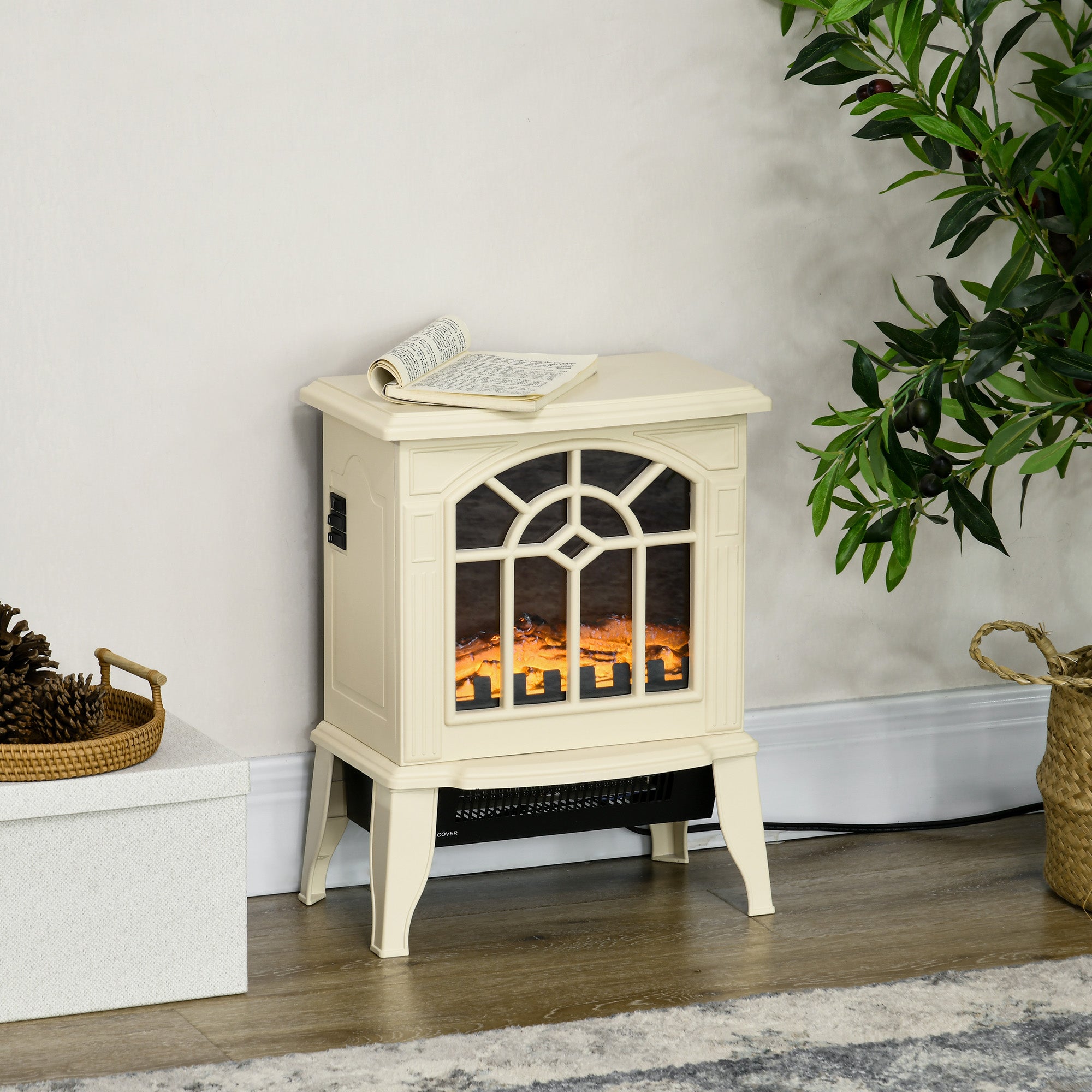 Electric Fireplace Heater, Freestanding Fireplace Stove with Realistic Flames Overheating Protection 750W/1500W, Cream