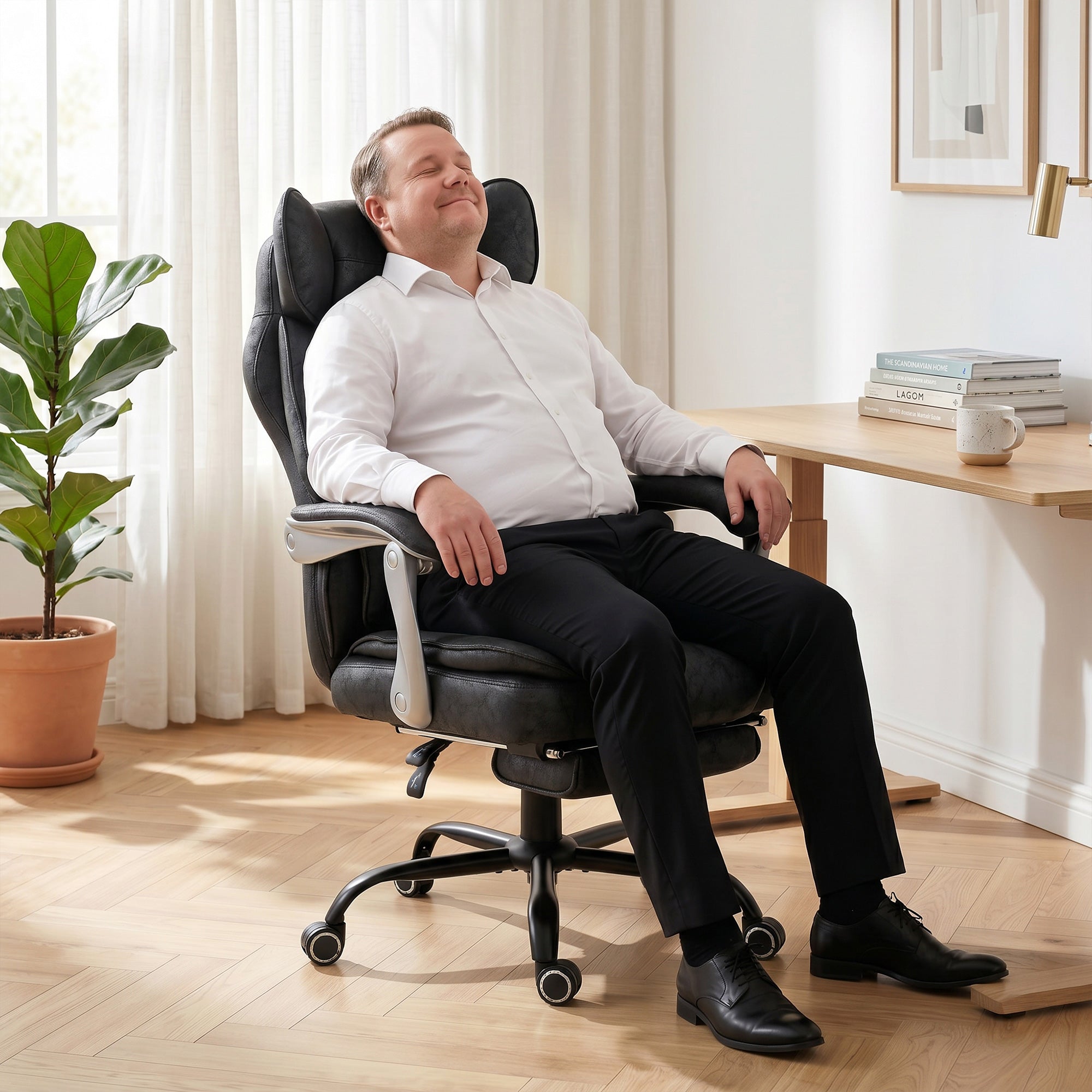 Executive Office Chair with Footrest, 180kg 400lb Big and Tall Leathaire Desk Chair with Wide Seat, Reclining Back, Lumbar Support, Built-in Headrest, Class 4 Gas Lift, Swivel Wheel, Black