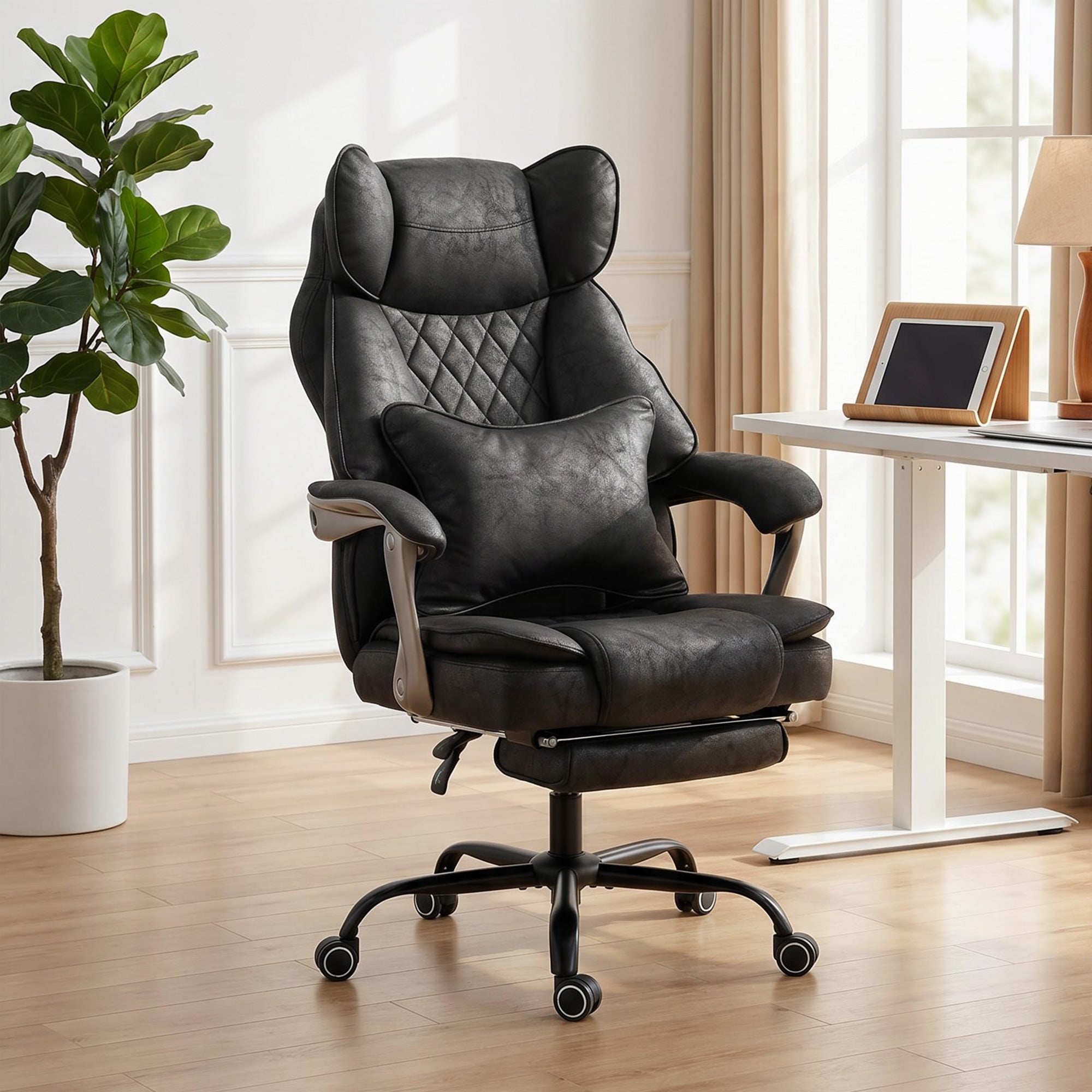 Executive Office Chair with Footrest, 180kg 400lb Big and Tall Leathaire Desk Chair with Wide Seat, Reclining Back, Lumbar Support, Built-in Headrest, Class 4 Gas Lift, Swivel Wheel, Black