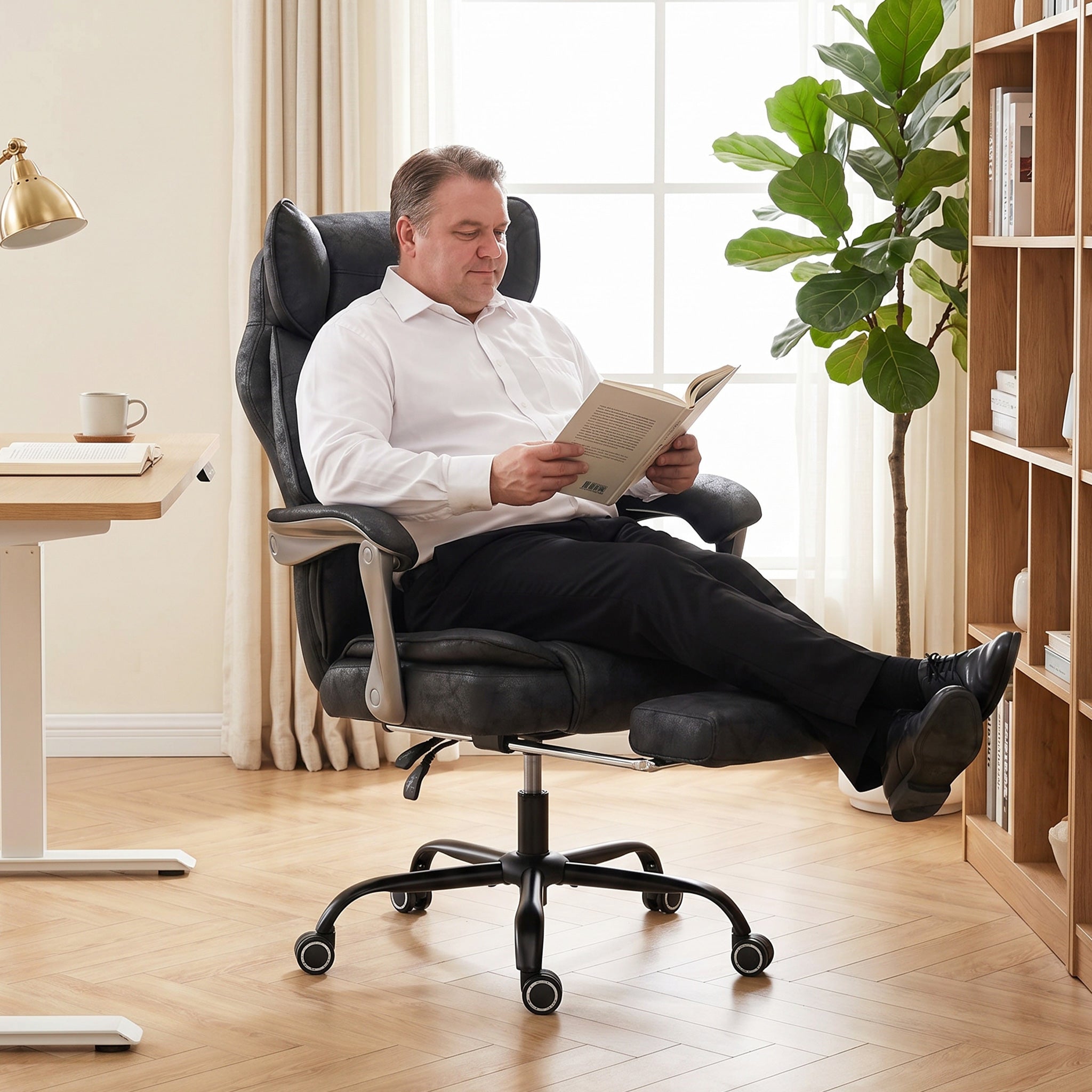 Executive Office Chair with Footrest, 180kg 400lb Big and Tall Leathaire Desk Chair with Wide Seat, Reclining Back, Lumbar Support, Built-in Headrest, Class 4 Gas Lift, Swivel Wheel, Black