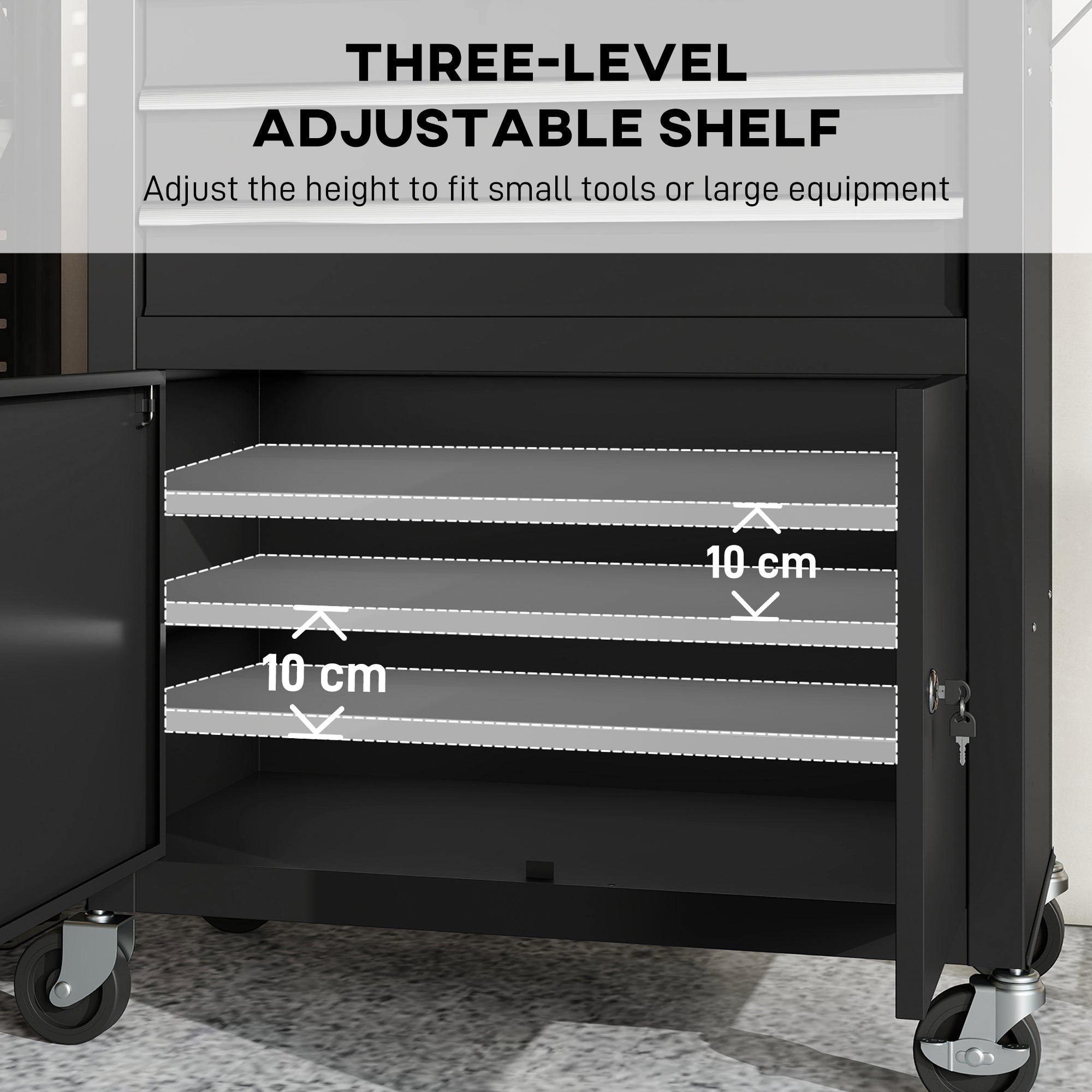 Rolling Tool Cabinet with Pegboard, Lockable Tool Chest with 3 Drawers and Adjustable Shelf, Mobile Tool Storage Organizer for Garage and Workshop, Black