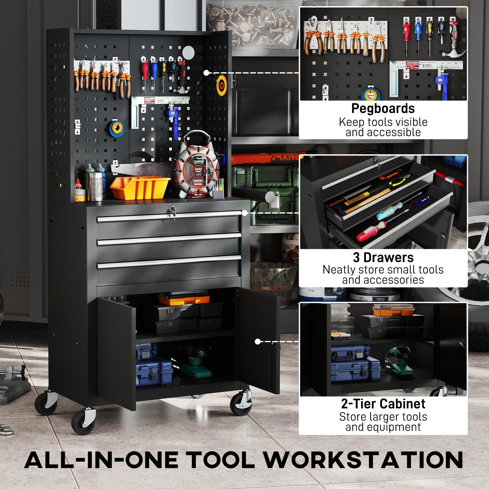 Rolling Tool Cabinet with Pegboard, Lockable Tool Chest with 3 Drawers and Adjustable Shelf, Mobile Tool Storage Organizer for Garage and Workshop, Black