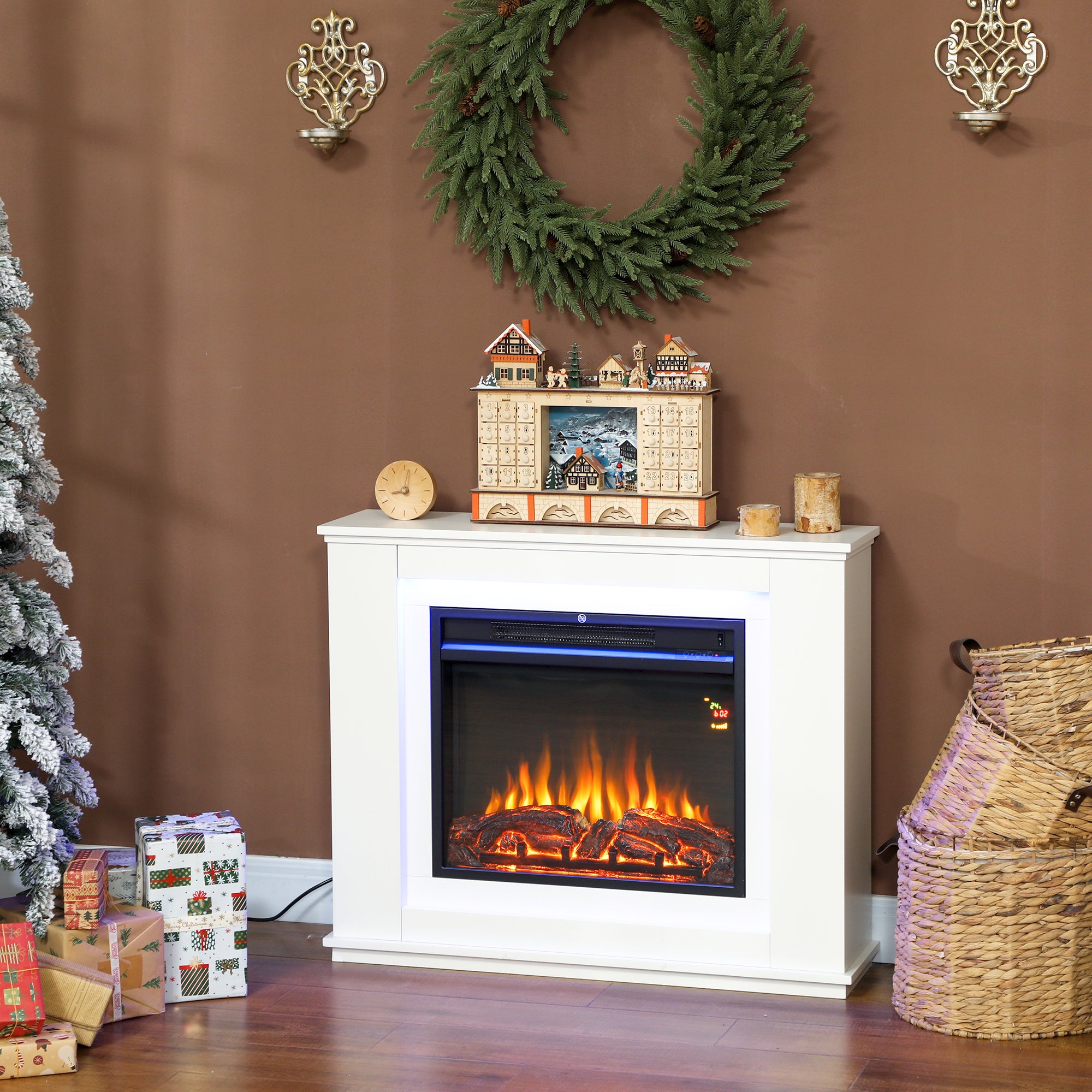 Electric Fireplace with Surround, 32" 2000W Inset Electric Fire and Mantel Reach up to 30 m² with 12 Colours Realistic Flame Effect & 5 Brightness, Remote & Timer for Living Room, White