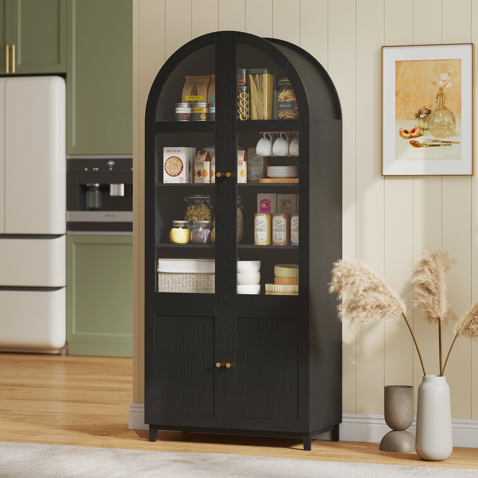 71" Tall Arched Kitchen Pantry Cabinet, Farmhouse Freestanding Kitchen Storage Cabinet with Adjustable Shelves, Acrylic Doors for Living Room, Dining Room, Black