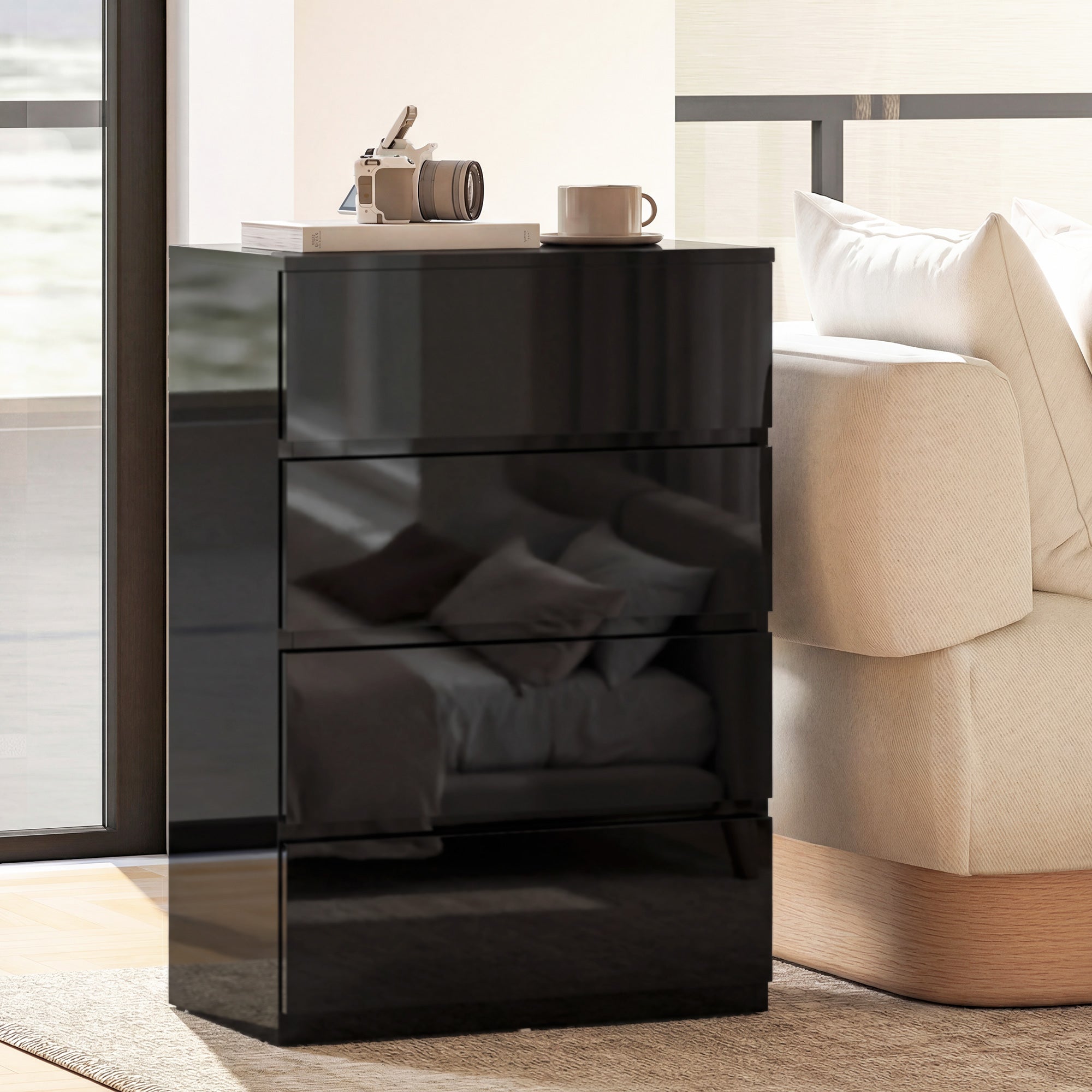 Chest of Drawers, 4 Drawers Storage Cabinet Floor Tower Cupboard for Bedroom Living Room, High Gloss Black