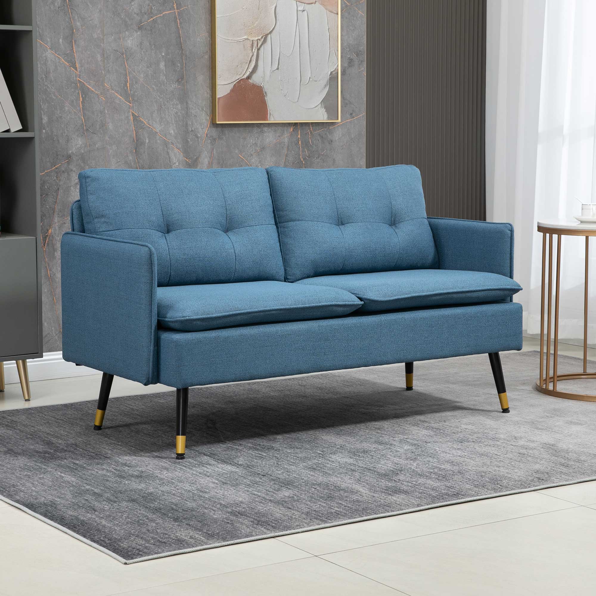 HOMCOM Modern Two Seater Sofa, Button Tufted Loveseat with Cushions and Steel Legs for Living Room, Guest Room, Dark Blue