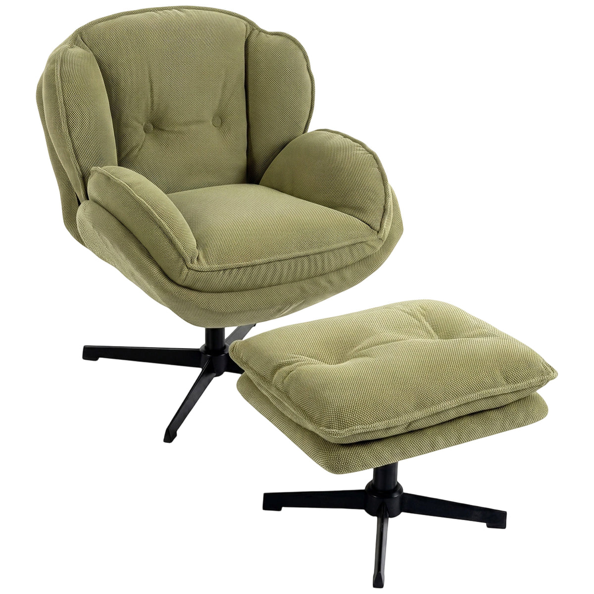 Armchair with Adjustable Footstool, 360° Swivel Chenille Cloud Accent Chair with Thick Cushion, Steel Base for Living Room, Bedroom, Green