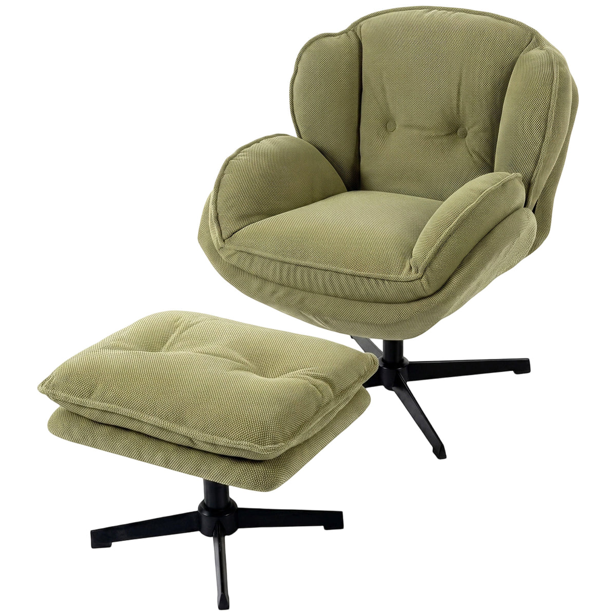 Armchair with Adjustable Footstool, 360° Swivel Chenille Cloud Accent Chair with Thick Cushion, Steel Base for Living Room, Bedroom, Green