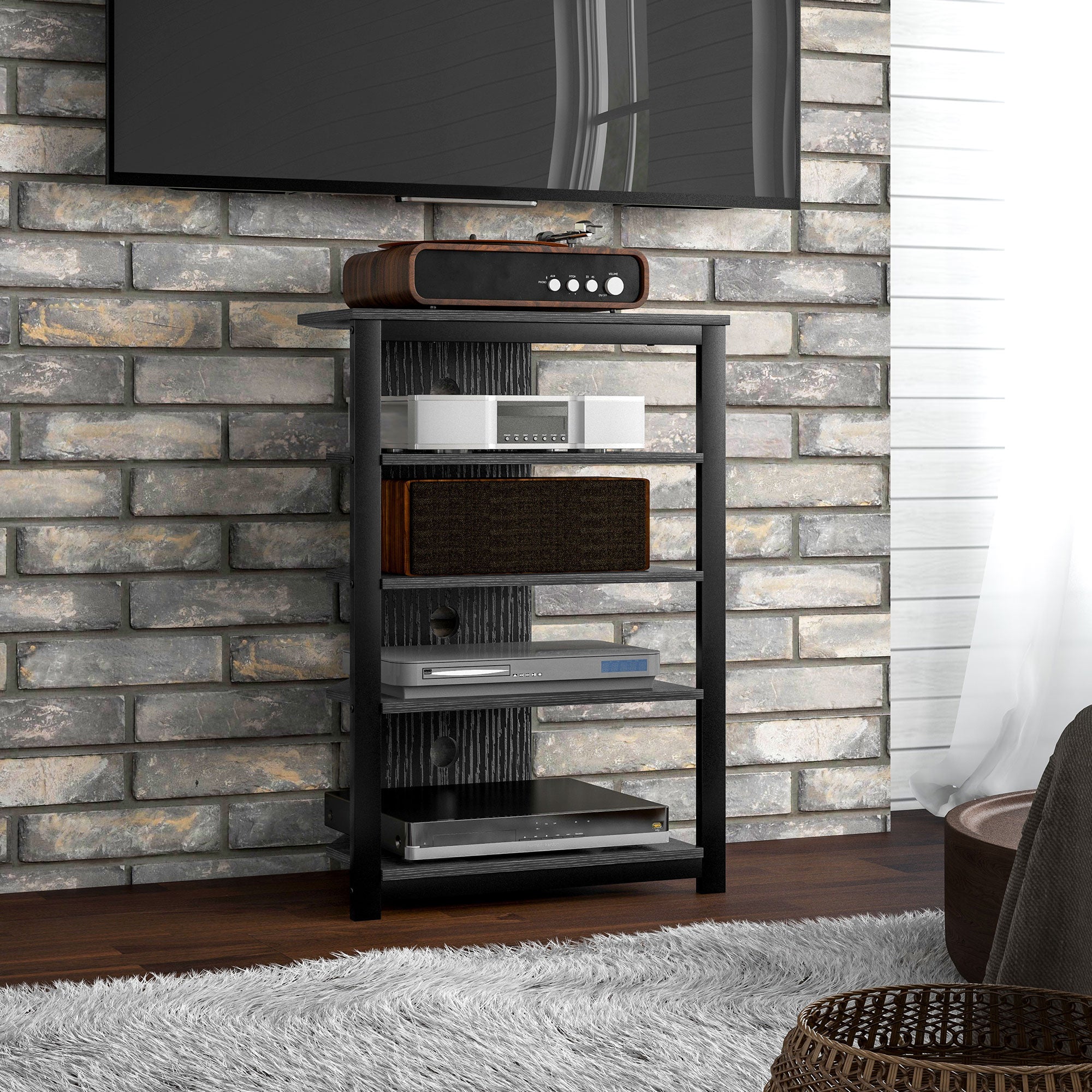 TV Stand, Entertainment Center with Storage Shelves and Steel Frame for Living Room, Black