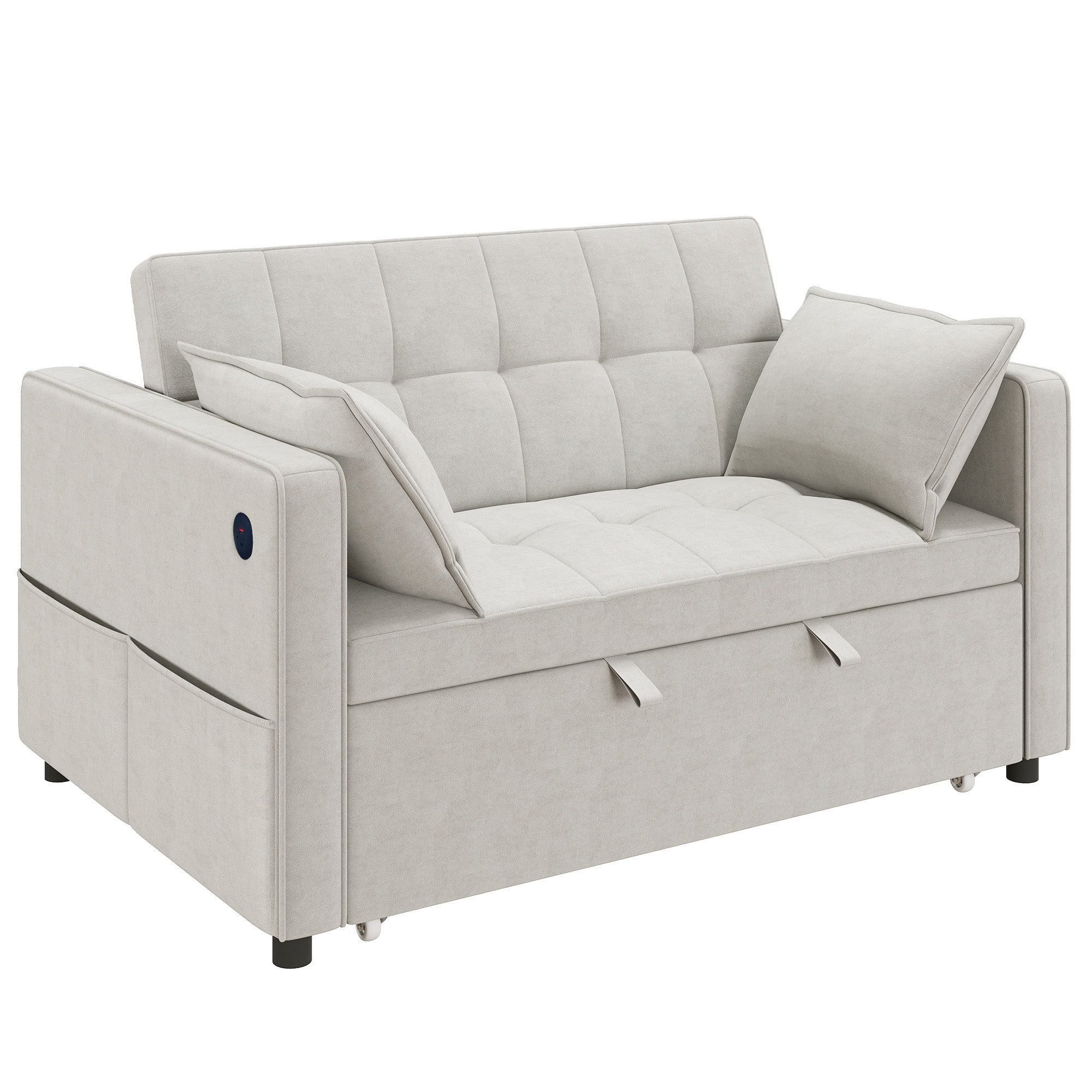 3‑in‑1 Convertible Sofa Bed, Pull Out Sleeper Sofa with USB Charging, Adjustable Backrest, Side Pockets, Sleeper Couch for Living Room, Small Space, Apartment, Beige