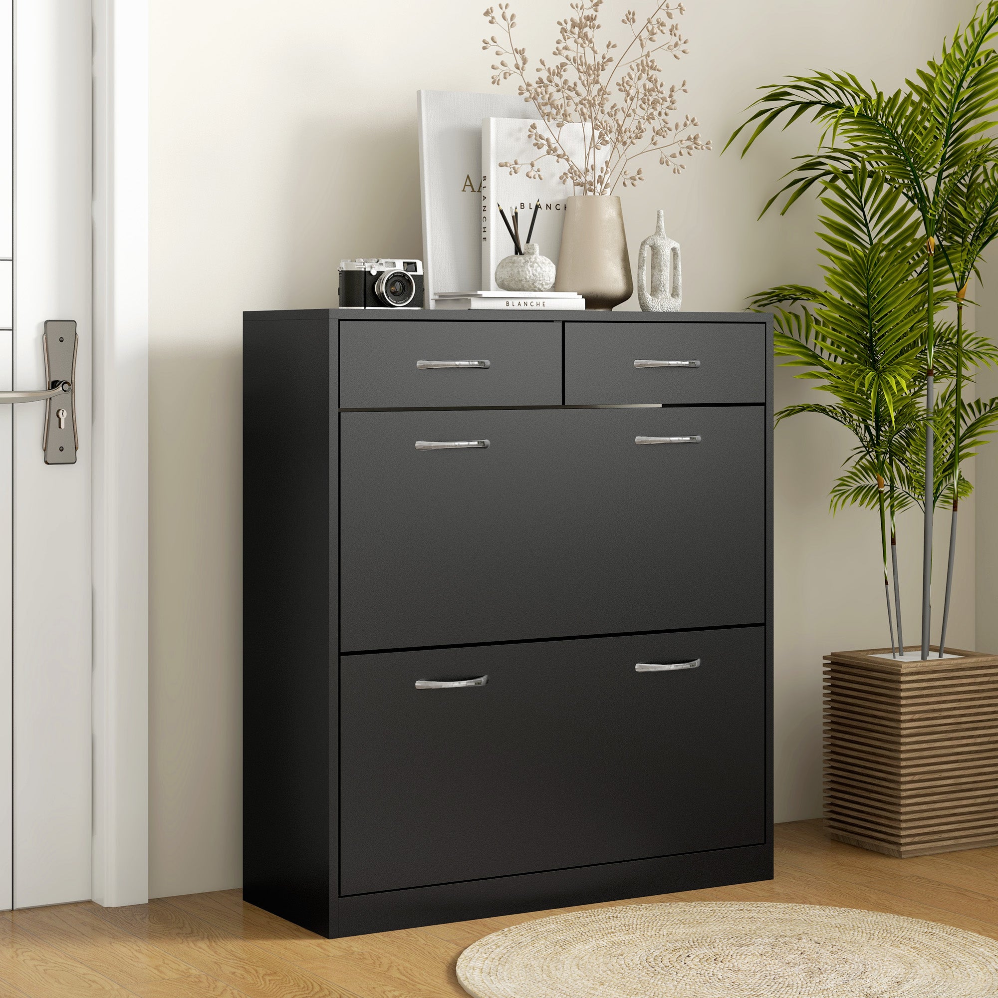 HOMCOM Narrow Shoe Cabinet for Entryway Hallway, Shoe Storage Cabinet with 2 Flip Drawers, 2 Slide Out Drawers and Adjustable Shelves for 12 Pairs of Shoes, Black